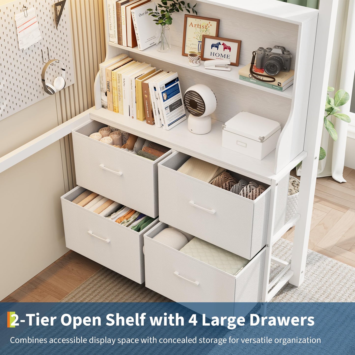 Twin Size Loft Bed with Desk, 4 Large Fabric Drawers and Open Shelves, Heavy Duty Metal Loft Bed with LED Lights, Power Outlets, Safety Guardrails & Ladder, Space Saving, No Box Spring Needed, White