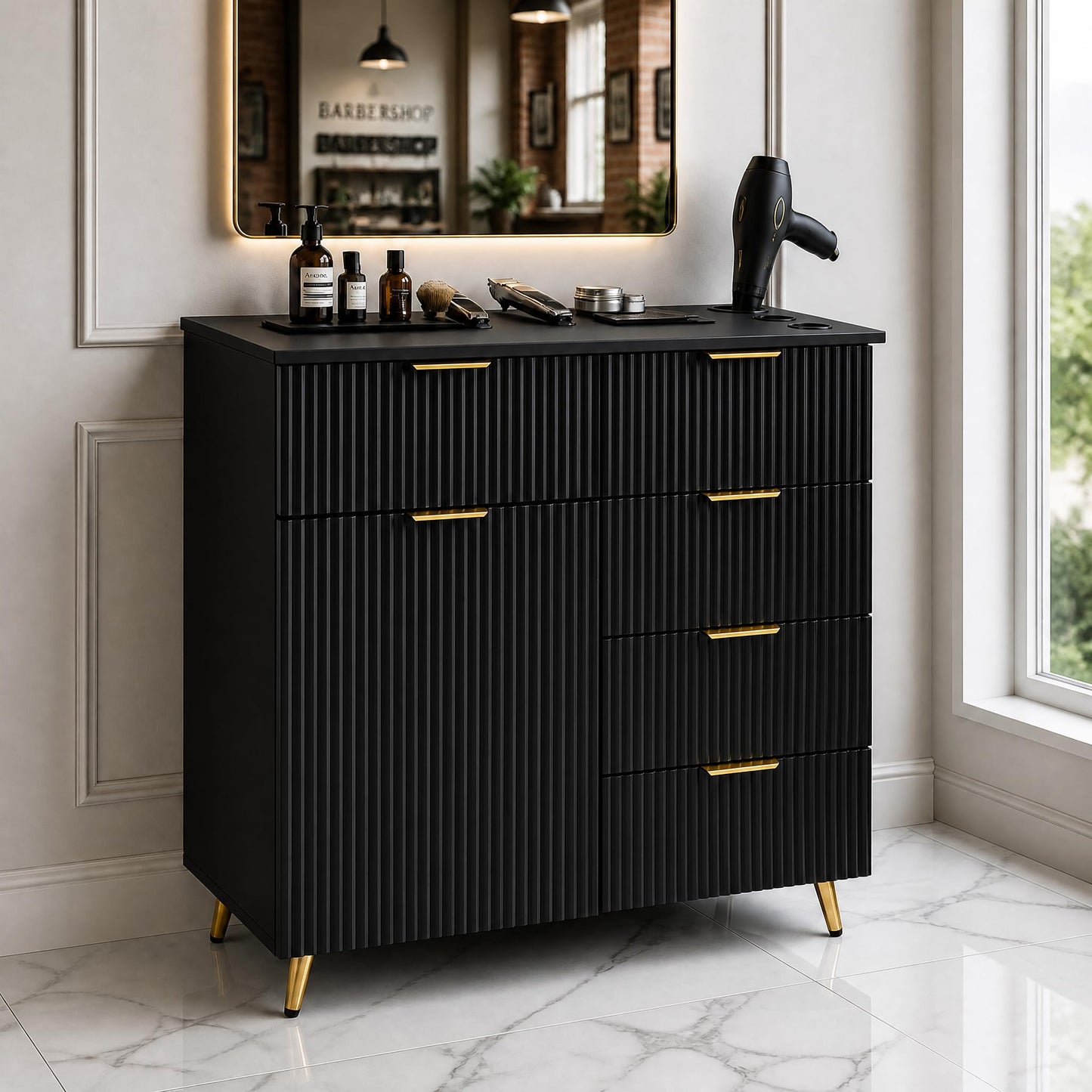Merax Barber Salon Station with Fluted Design, Gold Metal Legs & Handles, Multi-Zone Storage, 3 Hair Dryer Holders & Barber Storage Cabinet, 5 Drawers, Easy Assembly for Salons Barber Shop, Black