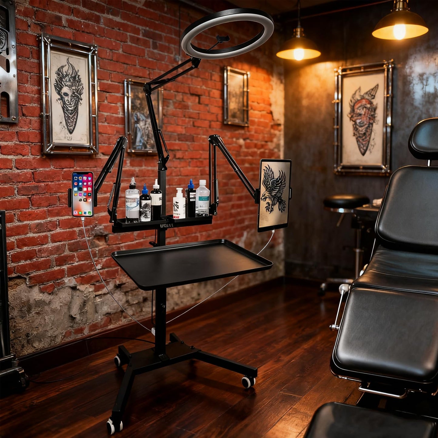 Tattoo Workstation with LED Large Aperture Tattoo Lamp, Magnetic Tray with Wheels, Salon Tray, Mobile Phone/Table Dual Stand Tattoo Cart, Suitable for Salon Tattoo Studio (Black)
