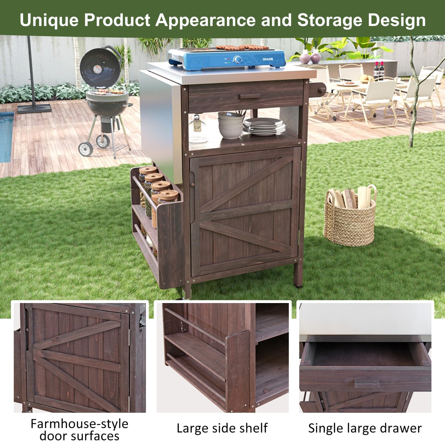 Trygoal Outdoor Grill Cart with Stainless Steel Top, 40.5”Solid Wood BBQ Prep Table for Pizza Oven, Mobile Outdoor Kitchen Island with Drop Leaf, Storage Cabinet, Towel Rack & Spice Holder for Patio