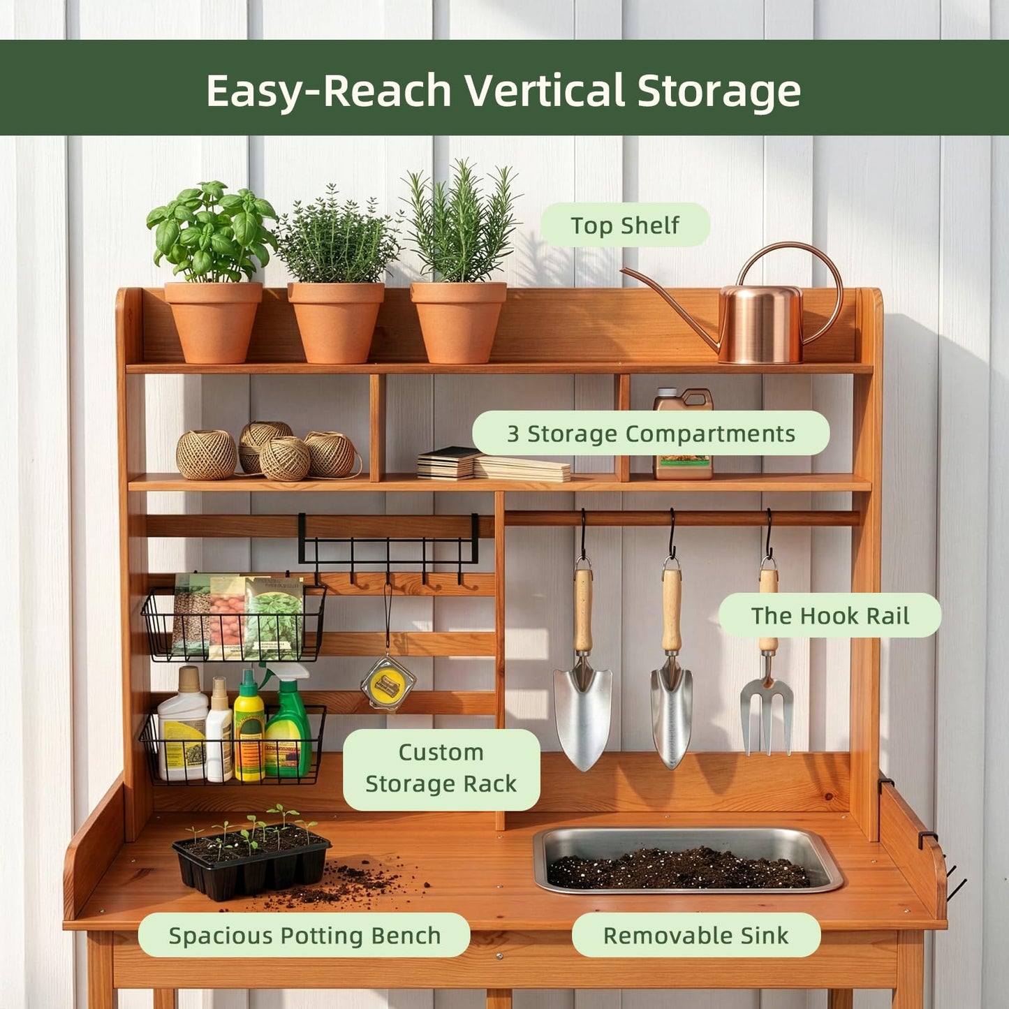 OOOK Potting Bench, Nordic Scots Pine Potting Table, Removable Sink, Workstation for Outside Patio Lawn, Wooden Garden Work Station