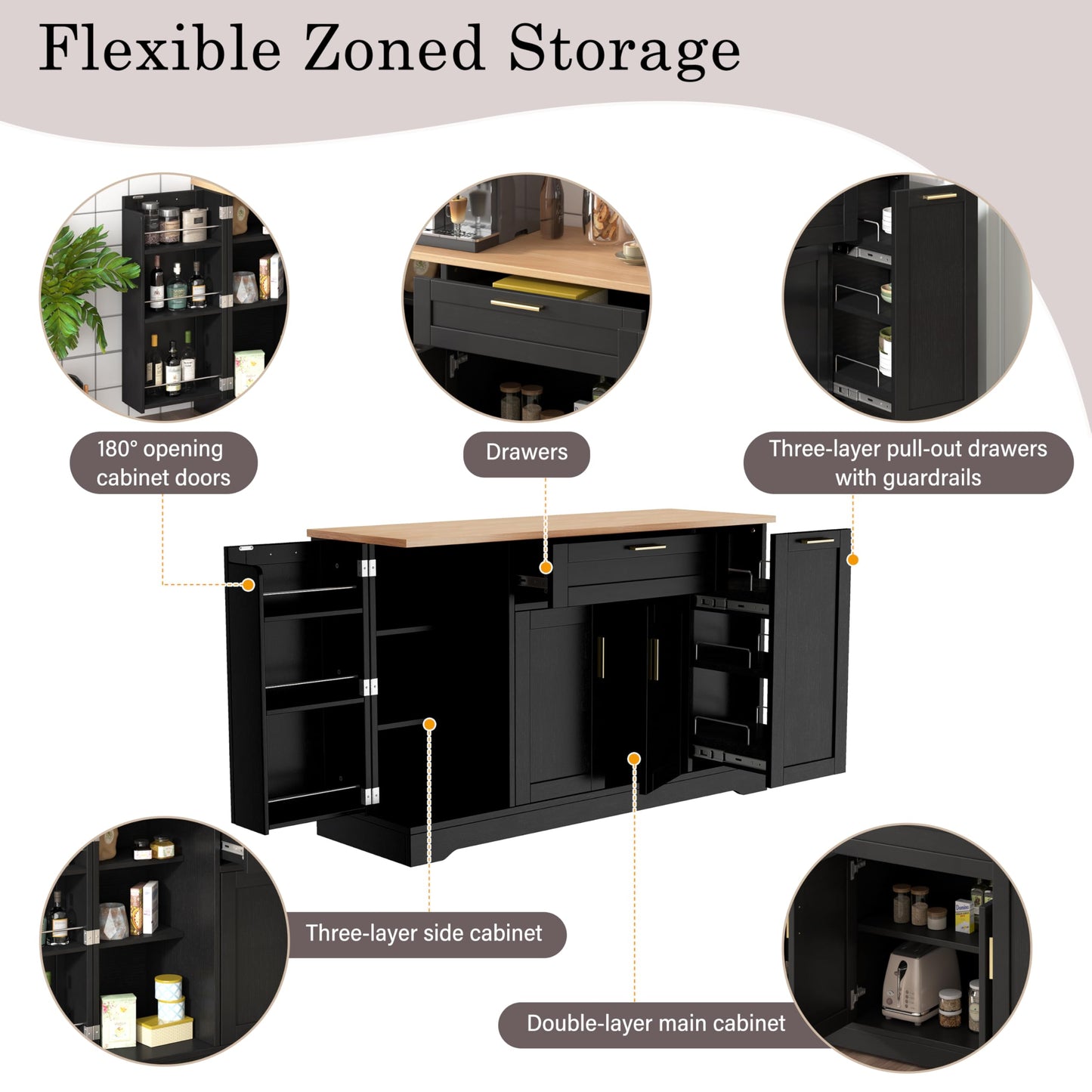 GDFStudio Buffet Cabinet with 3-Tier Pull-Out Rack, Adjustable Shelves, Multi-Functional Storage Cabinet Sideboard Coffee Bar Cabinet, Kitchen Island Storage for Dining Room Living Room, Black