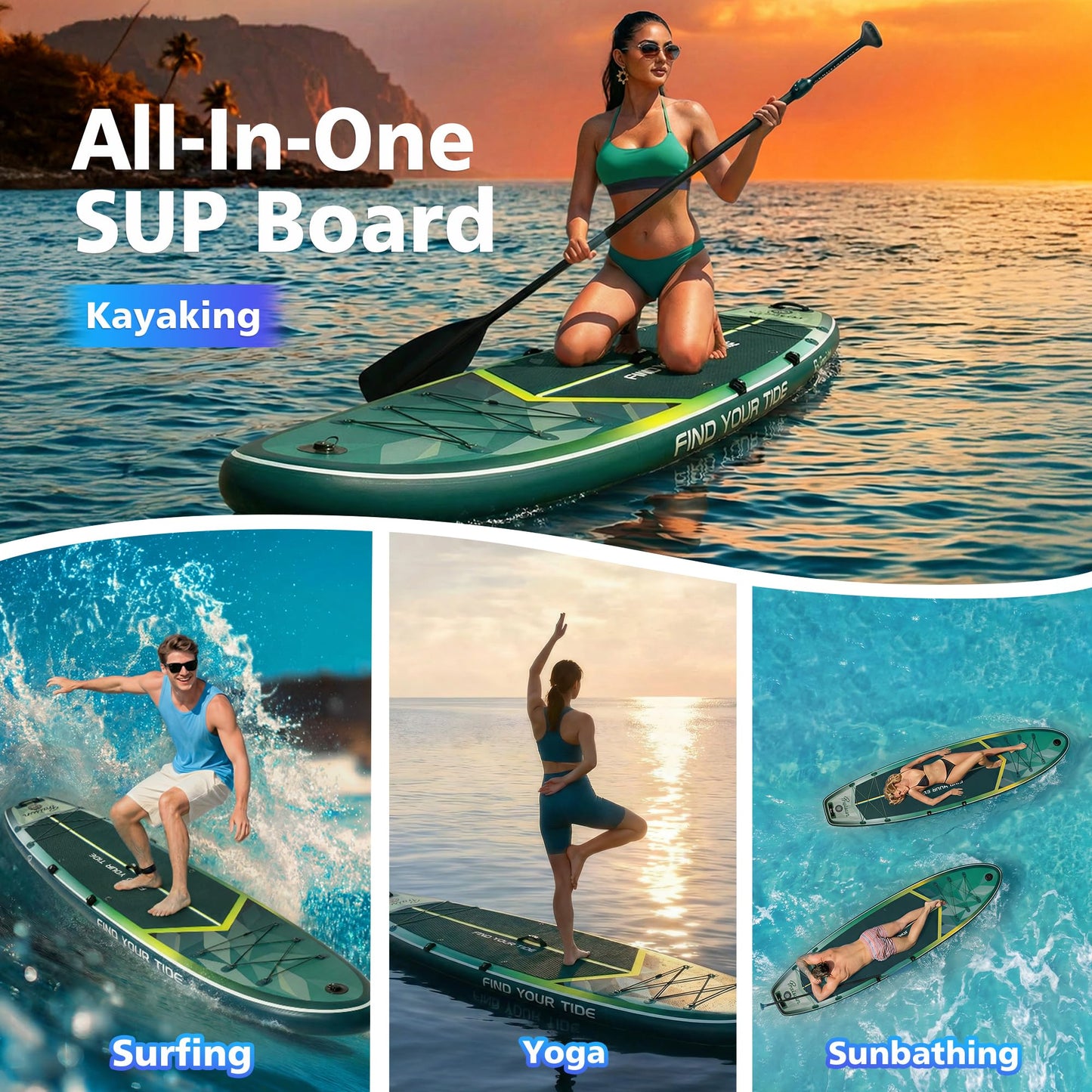 PRAISUN 12’ x 35” Inflatable Paddle Board, 450lbs Extra Wide Stand Up Paddleboard for Youth/Adults of All Skill Levels, Stable SUP with Seat & Full Kit, for Fishing, Yoga, Lake & Ocean, Green