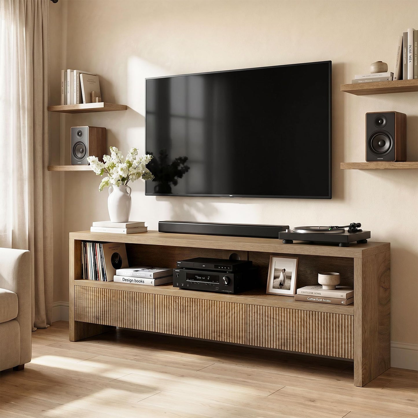 Tribesigns 63" TV Stand with 3 Drawers, 2-Tier Entertainment Center for TVs up to 75", Farmhouse Media Cabinet, Wooden Console with Storage, Television Stands for Living Room, Bedroom, Brown