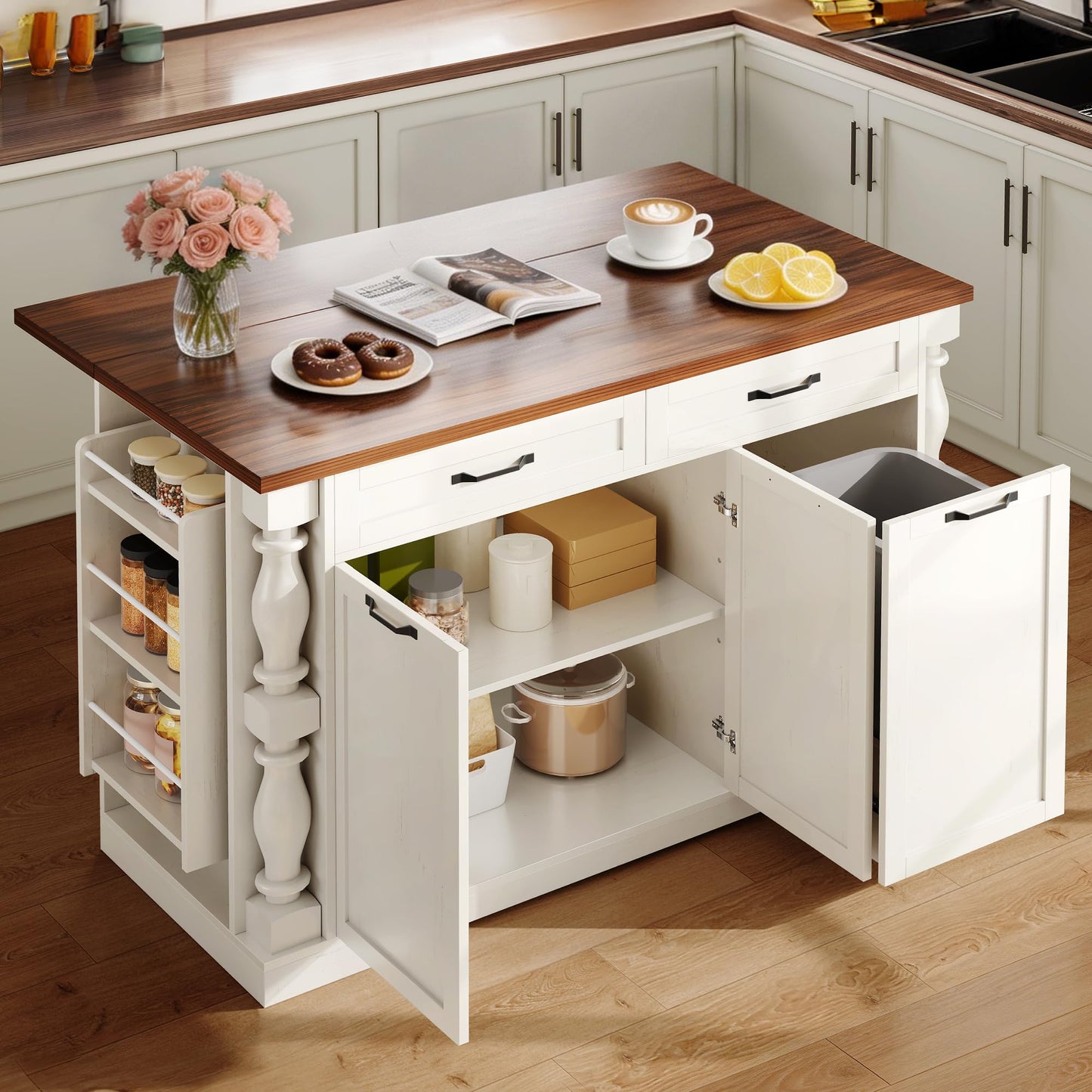 Homiflex Kitchen Island with Power Outlet & Trash Cabinet, 47.6" Roman Style Rolling Kitchen Island with Drop Leaf Tabletop 11.8", Kitchen Cart with Spice Rack & Drawers & Cabinets Coffee Bar Station