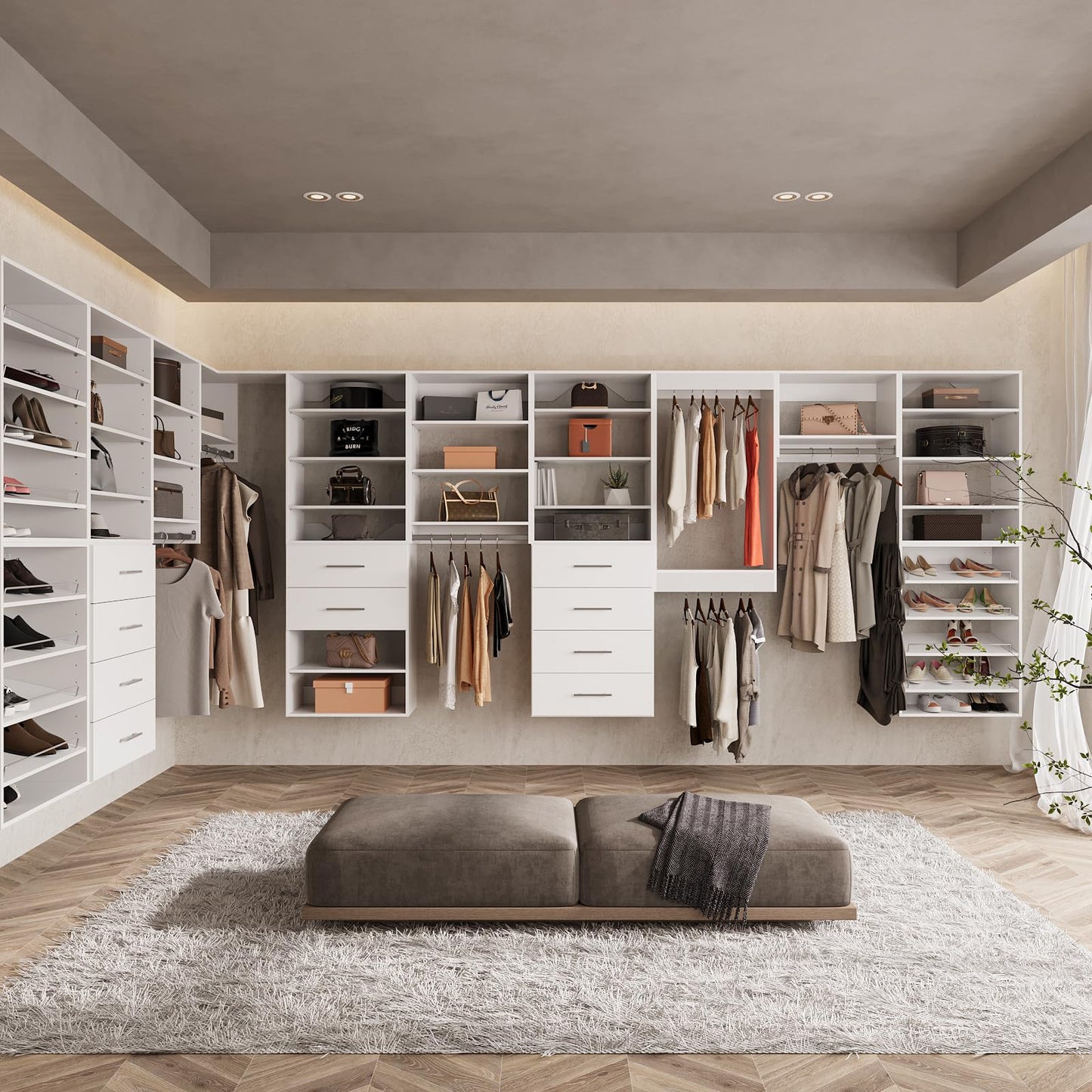 ROOMTEC Modular Closet System, 64" Wall Mounted Closet Organizer with Hanging Rods and Drawers, Wooden Tower for Walk-In Closets, Wardrobe Storage Kit, White