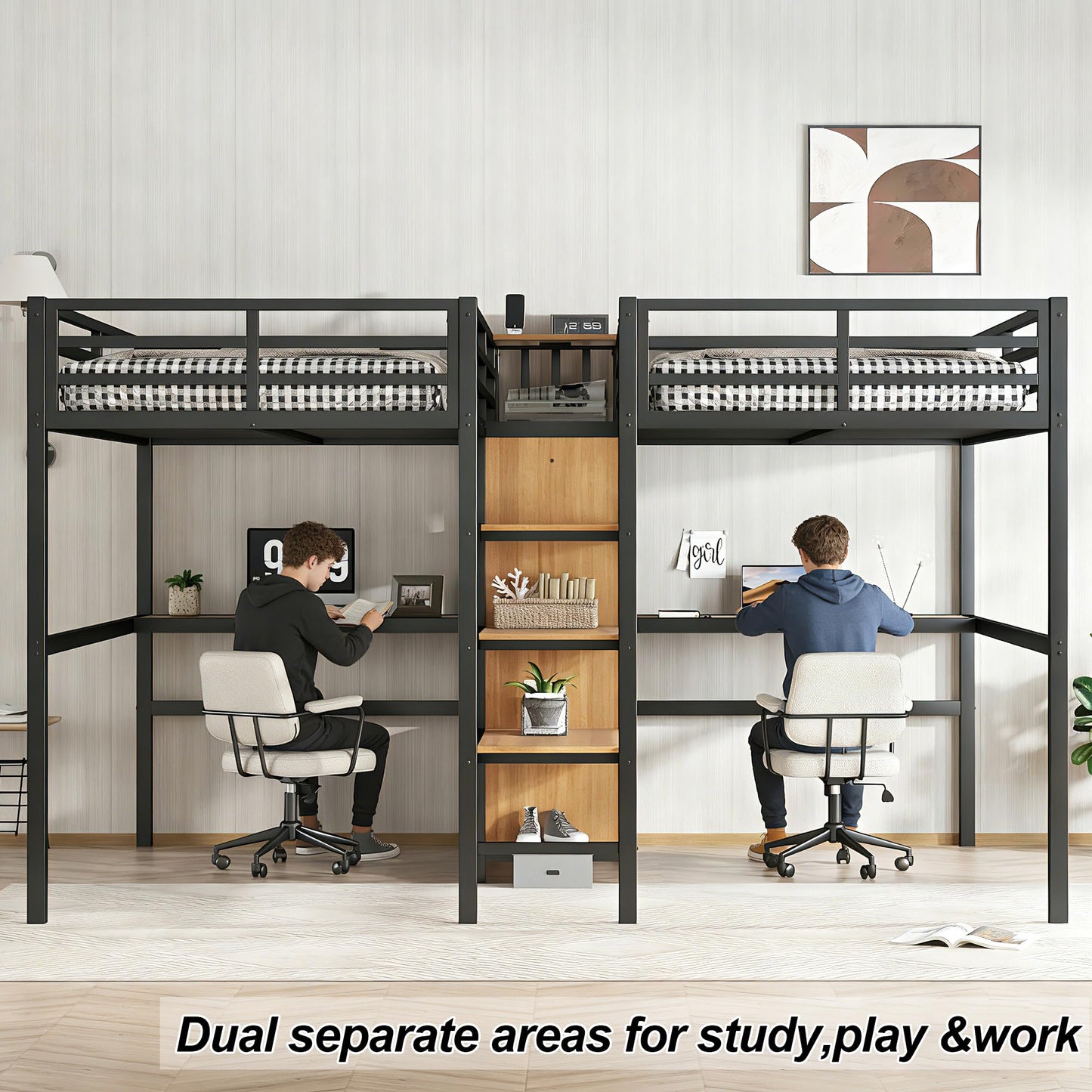 Bellemave Twin Over Twin Metal Loft Bed with Desk and Wardrobe for 2 Kids,Twin Size Heavy Duty Double Loft Bed Frame with Charging Station and Shelves for Boys,Girls,Adults,Woodgrain