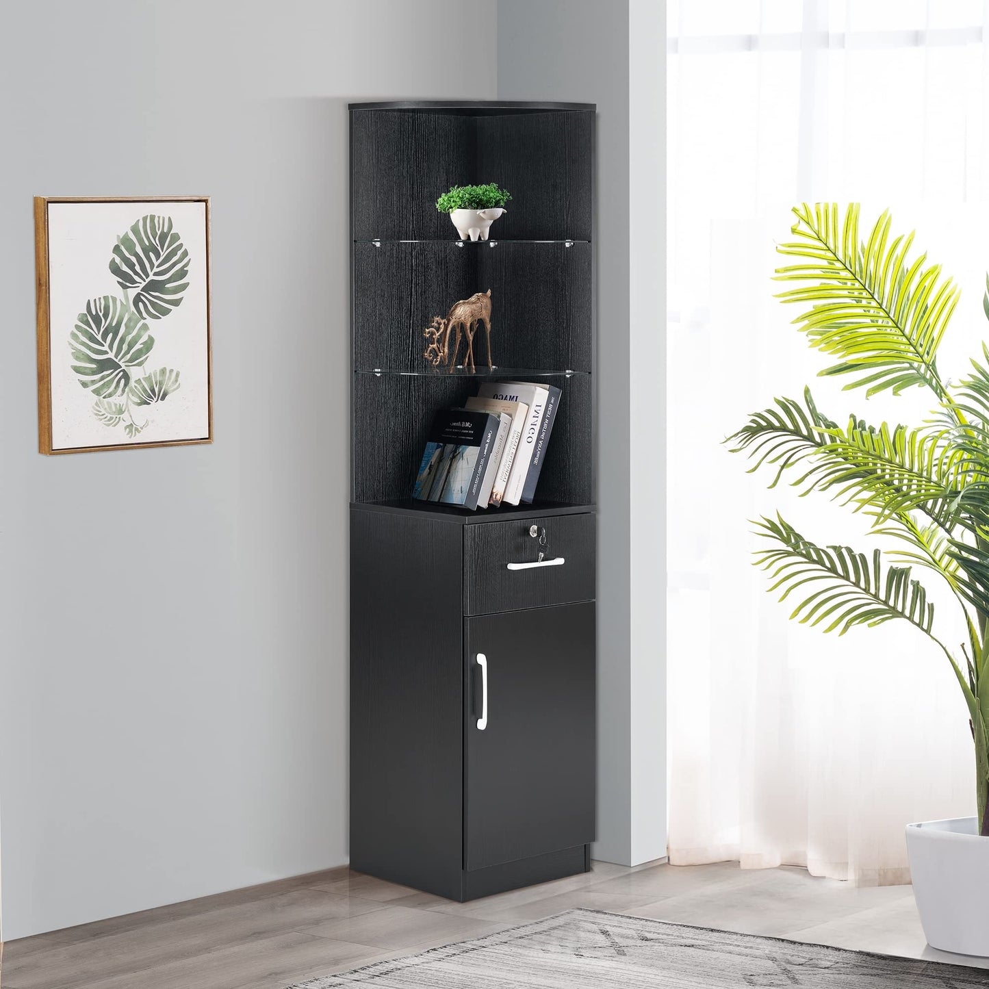 BarberPub Corner Salon Storage Cabinet with Door and Glass Shelves, Beauty Barber Equipment for Storage, 15.8" W x 69.9" H x 15.8" D 3200 (Black)