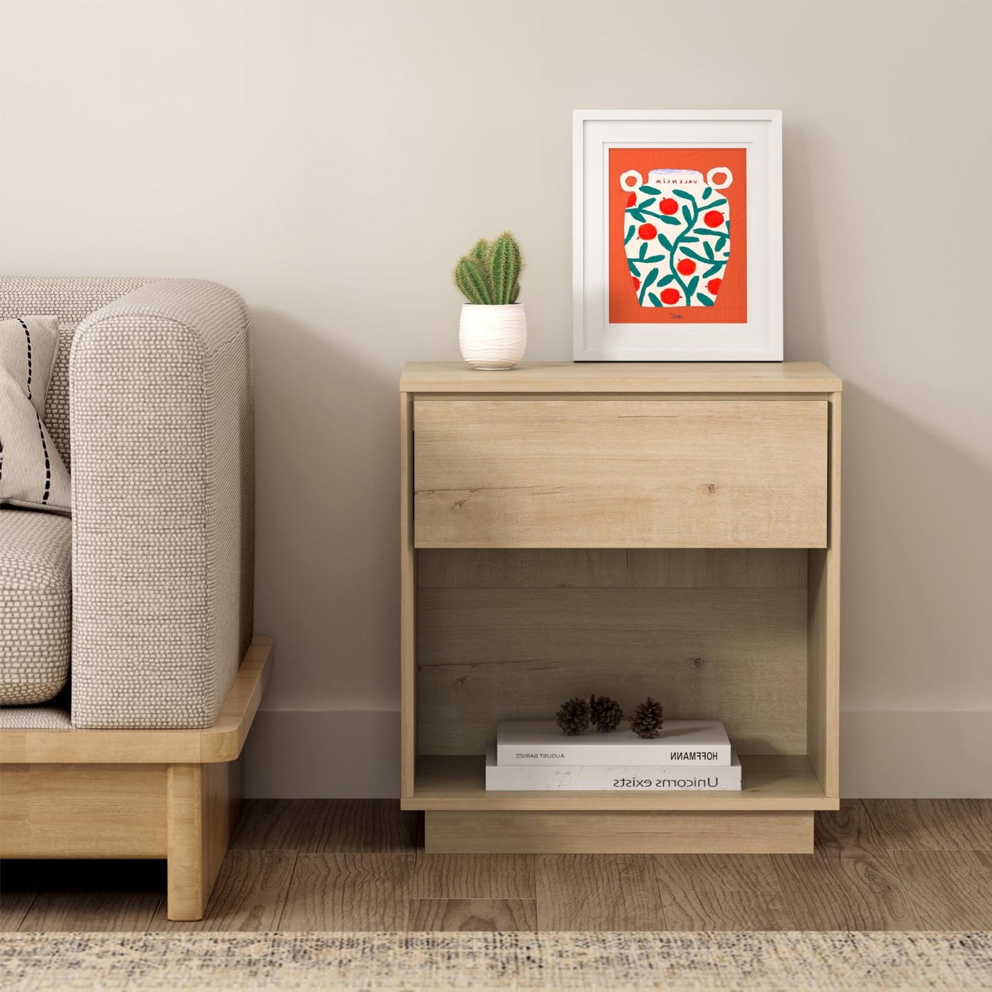 MoomJiee Farmhouse End Side Table Set of 2 Modern Wood Nightstands Bedside Cabinet with Storage Drawer and Open Shelf for Bedroom, Living Room, Light Oak