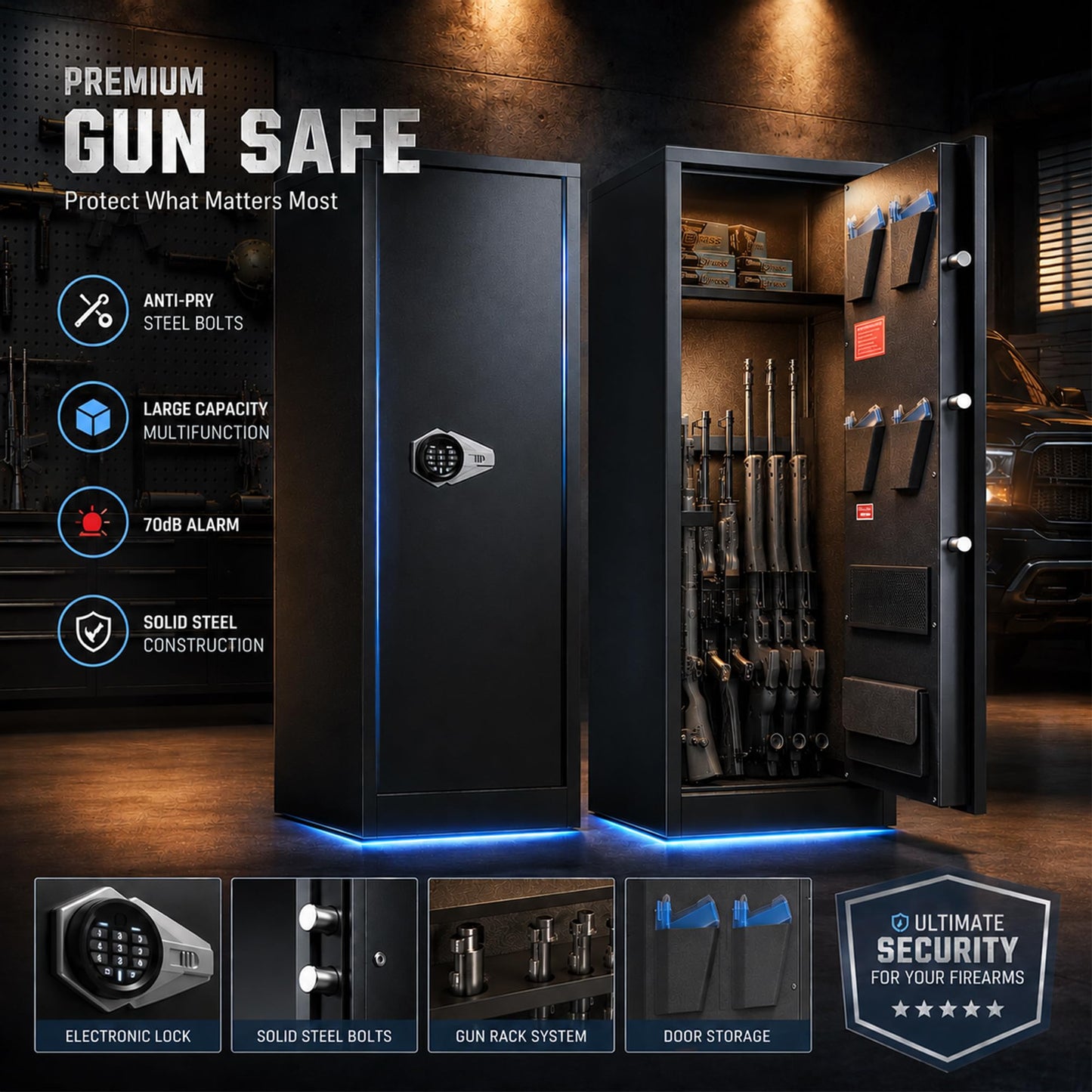 Marcree 8-10 Gun Safe for Rifles & Pistols, Quick Access Rifle Safe with Dual Alarm, Mute Mode, Adjustable Shelves & Pistol Pockets, Gun Cabinet for Shotguns
