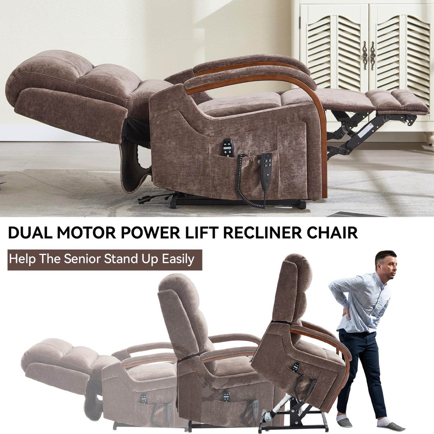 KEIKI Chenille Electric Power Lift Recliner Chair with Heat Massage, Solid Wood Armrests & Timer Function, Elderly Lazy Boy Sofa Seating for Home Theater, Infinite Position, Dual Motor, Up to 350 LBS