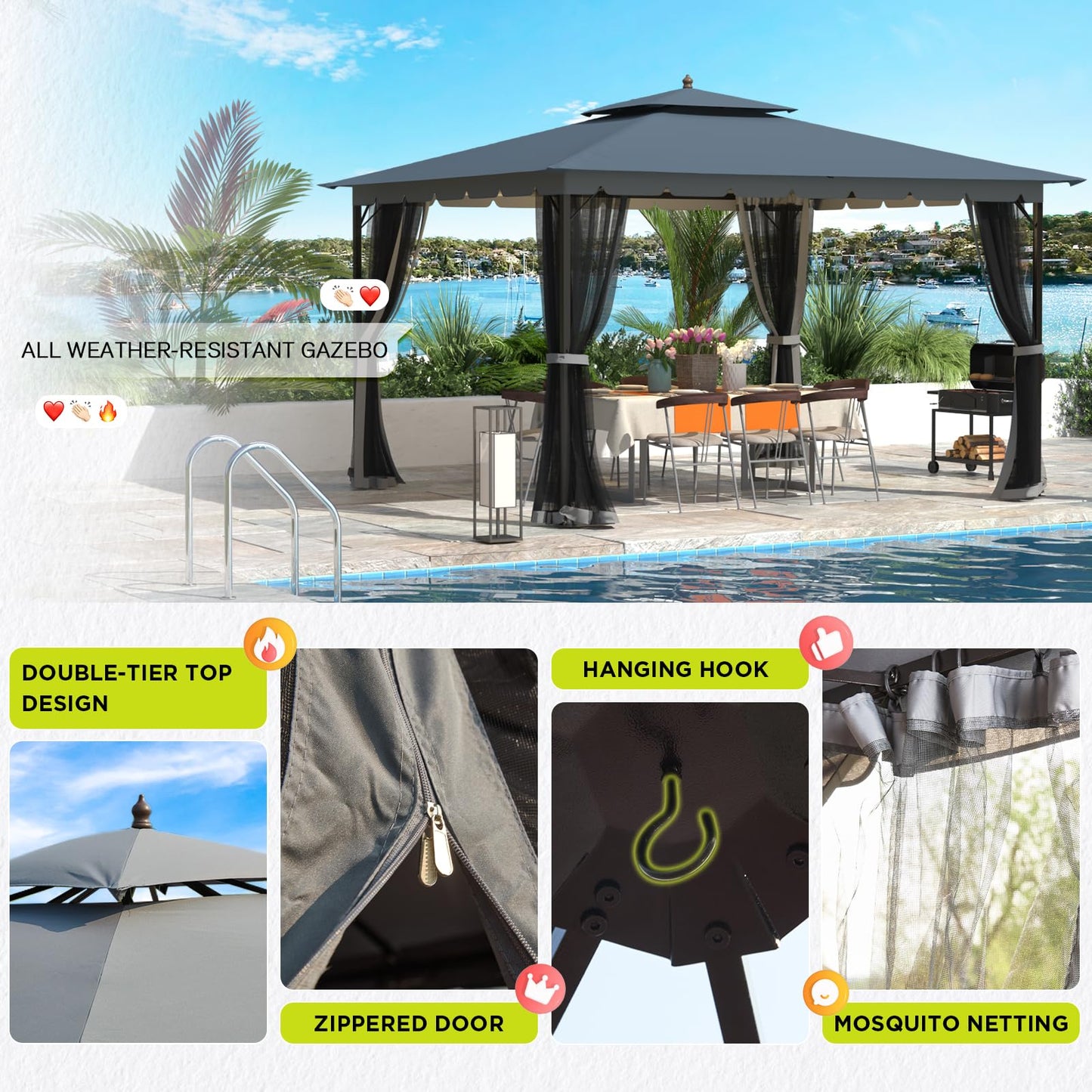 Bezseller 10x12 Outdoor Patio Gazebo with Powder-Coated Metal Frame - Stable Double-Tier Canopy with Zip Mesh Sidewalls for Backyard Dining & Entertaining, Grey