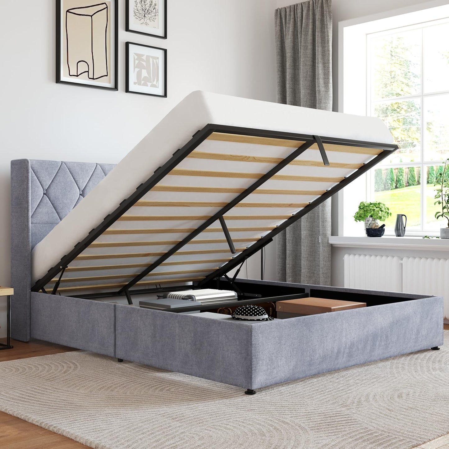 DUMOS Queen Size Lift Up Storage Bed with Modern Wingback Headboard, Hydraulic Support Fabric Upholstered Platform Bed, Wood Slats Support, Underbed Storage, No Box Spring Needed, Grey