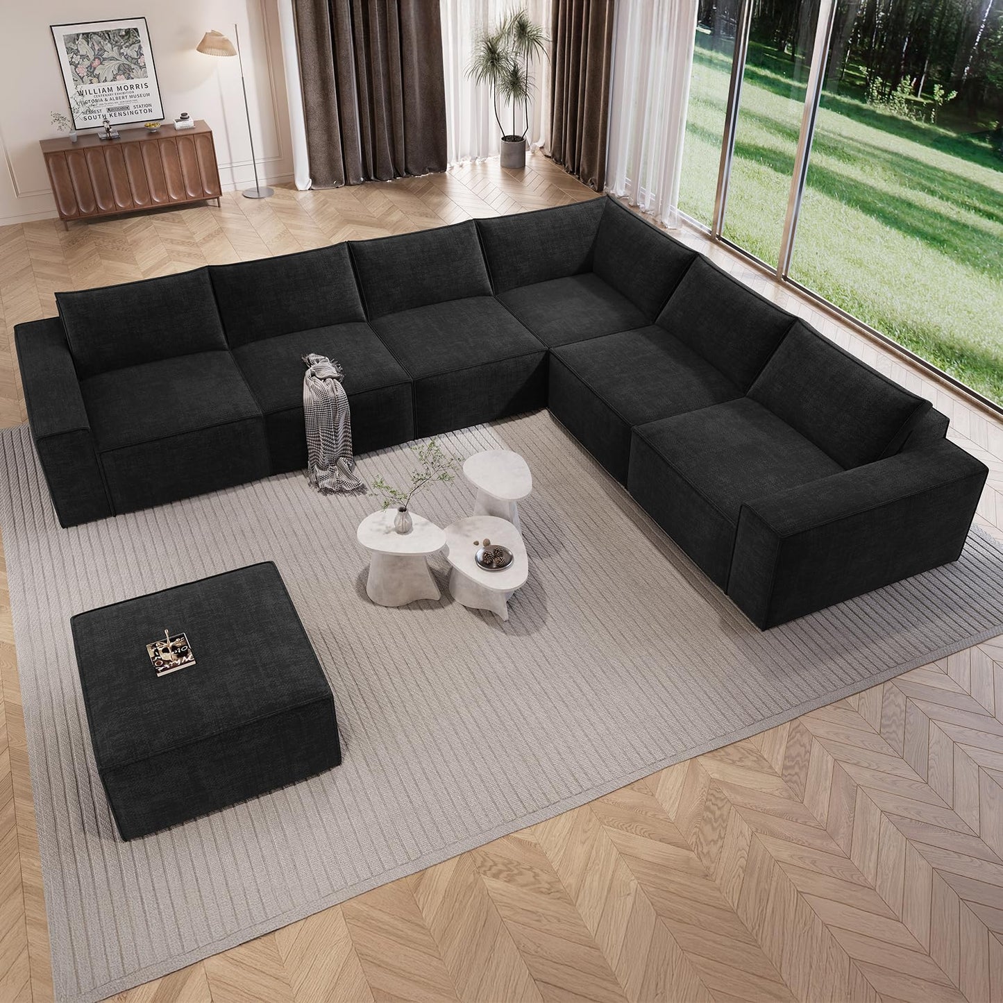 Vesgantti 143.7" Oversized Boneless Couch, Modern 7 Seater Modular Sectional Sofa with Deep Seat, Convertible Chenille Cloud Couches for Living Room, No Assembly Required, Black