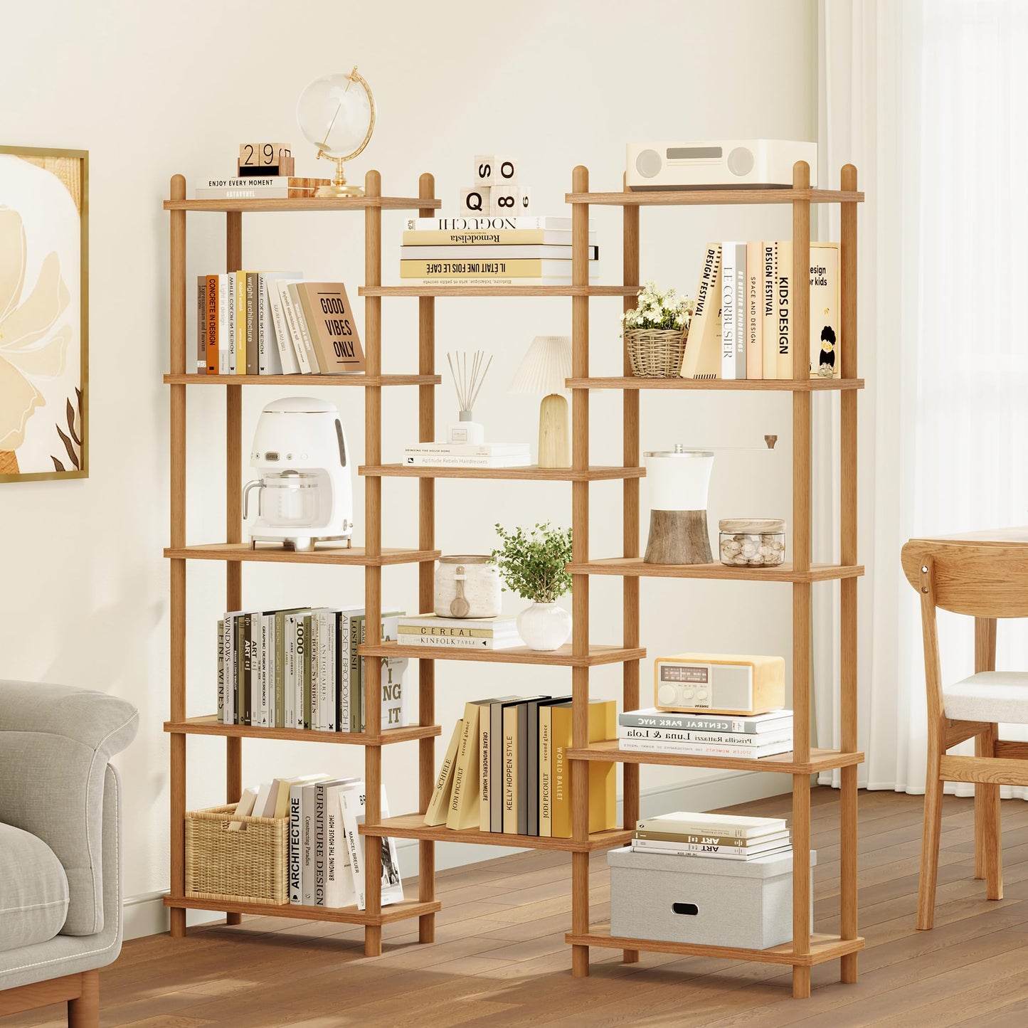IOTXY Wooden Triple Wide Bookshelf - 5-Tier Large Shelf Bookcase with Solid Beech Frame, Tall Freestanding Open Etagere Display Rack for Home Office, Oak