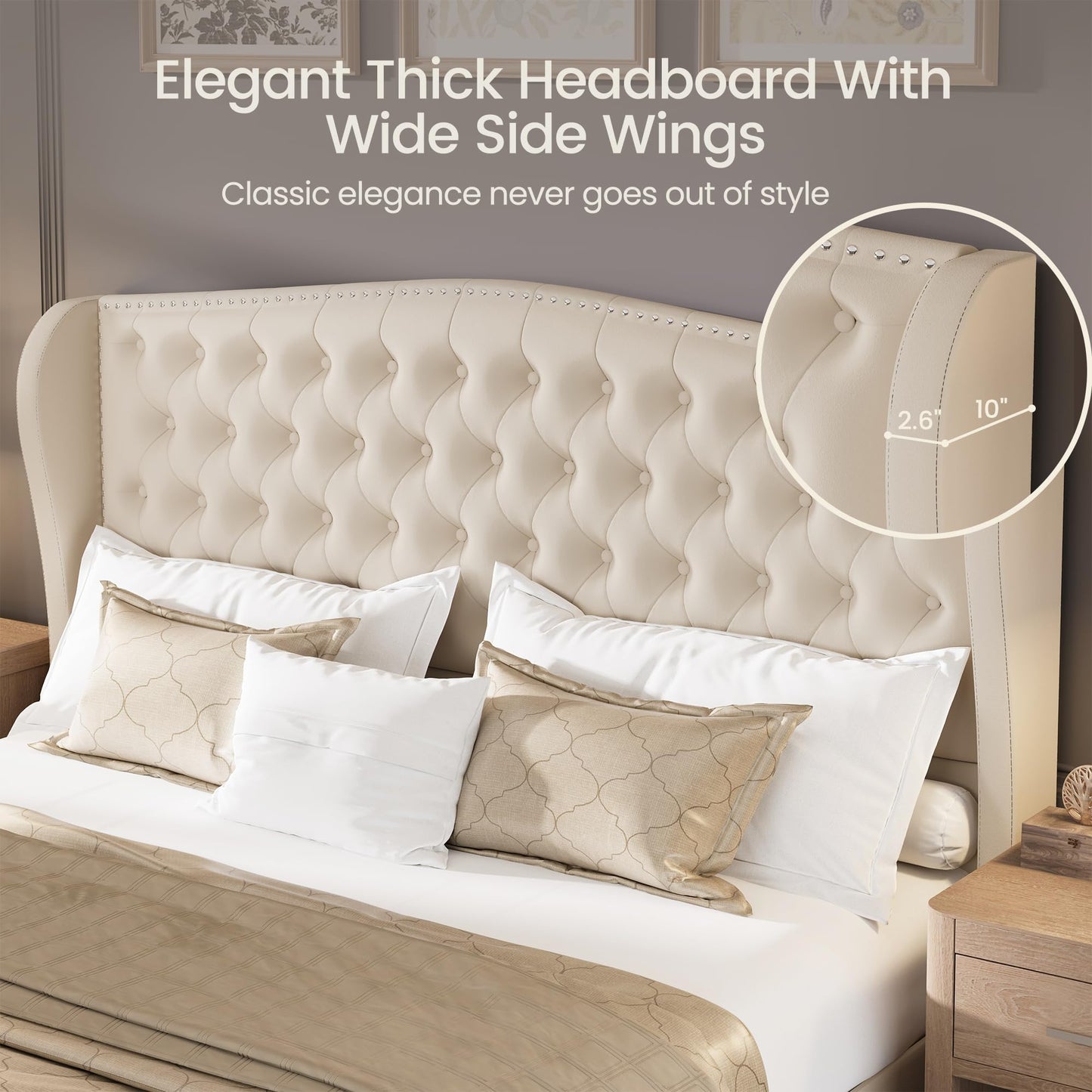 LARMACE King Size Bed Frame Velvet Upholstered Platform Bed with Wingback Headboard & Footbaord, Deep Button Tufted Bed Frame with Wood Slats Support, No Box Spring Needed, Beige