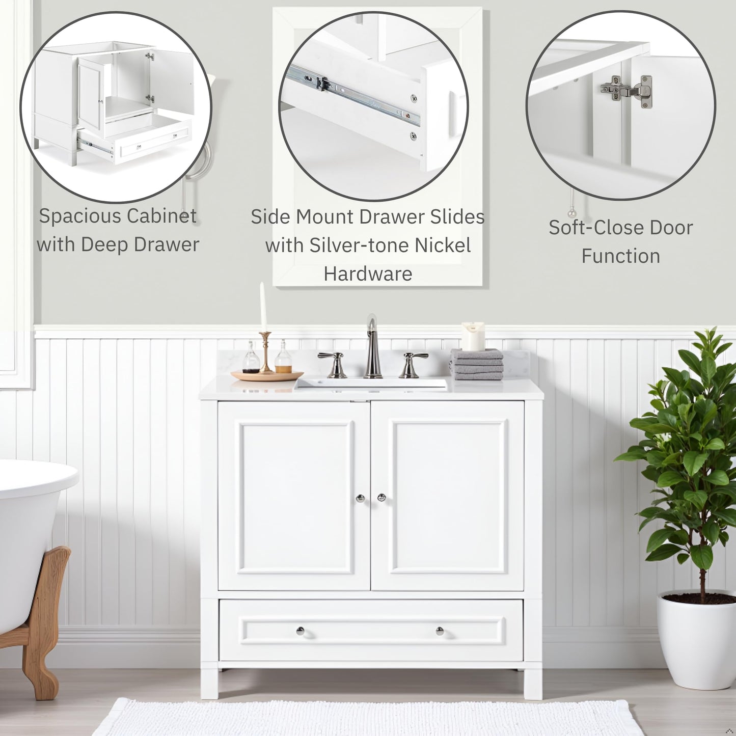 Alaterre Furniture Williamsburg 36 Inch Bathroom Vanity - Freestanding Cabinet Without Sink - Large Wood Vanity with Soft-Close Doors (White)