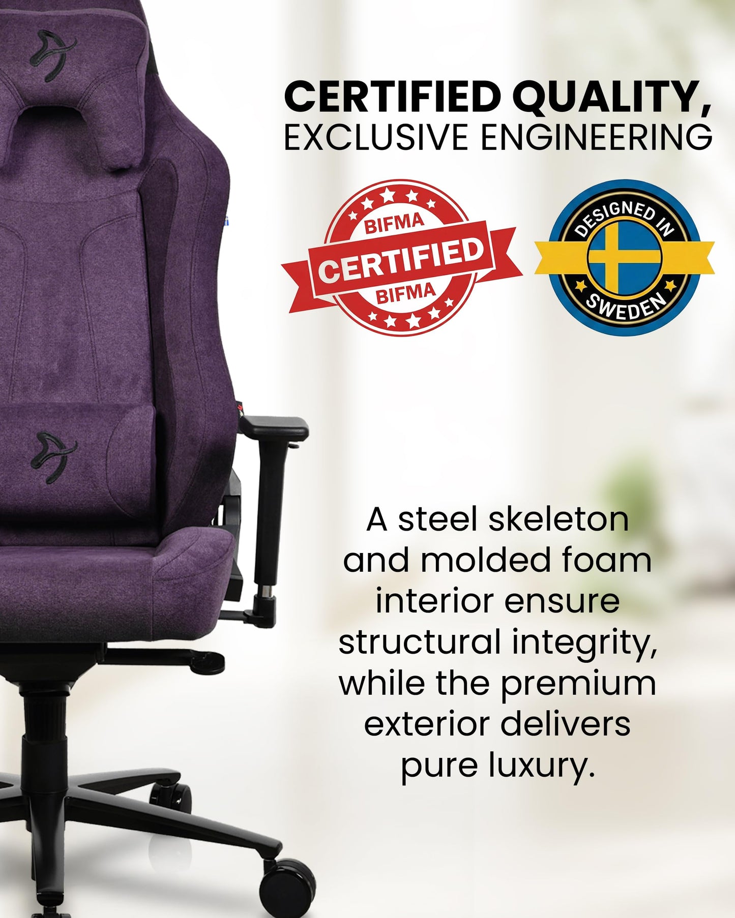 Arozzi Vernazza Gaming Chair - Soft Fabric Gaming Chairs for Adults Adjustable Height, Large Spacious Seat & Backrest with Support Pillows - Swedish Design Home Office Computer Chairs, Purple