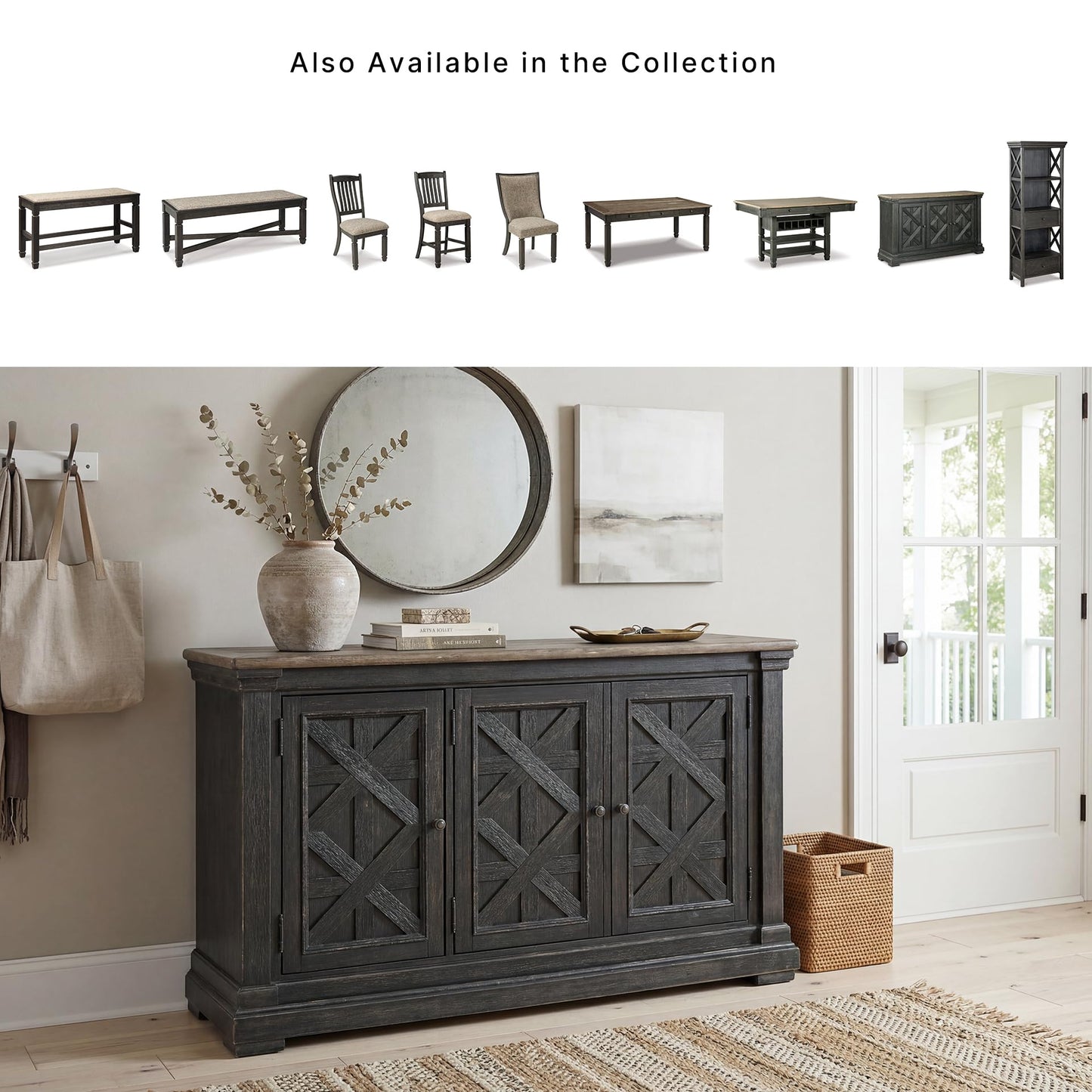 Signature Design by Ashley Tyler Creek Vintage Casual Dining Room Buffet Cabinet or Server with 3 Doors and Lattice Design, Wood, 36" High, Black & Gray