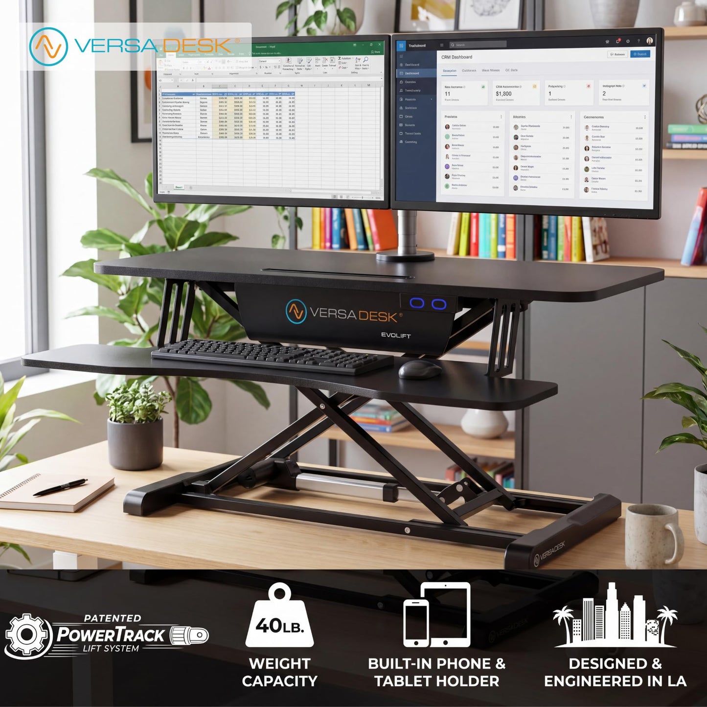 VERSADESK EvoLift 40" Electric Standing Desk Converter, Sit to Stand Motorized Desk Riser, 1-Button Easy Lift, Dual Monitor Workstation, Wide Keyboard Tray, Built-in Device Stand, Black