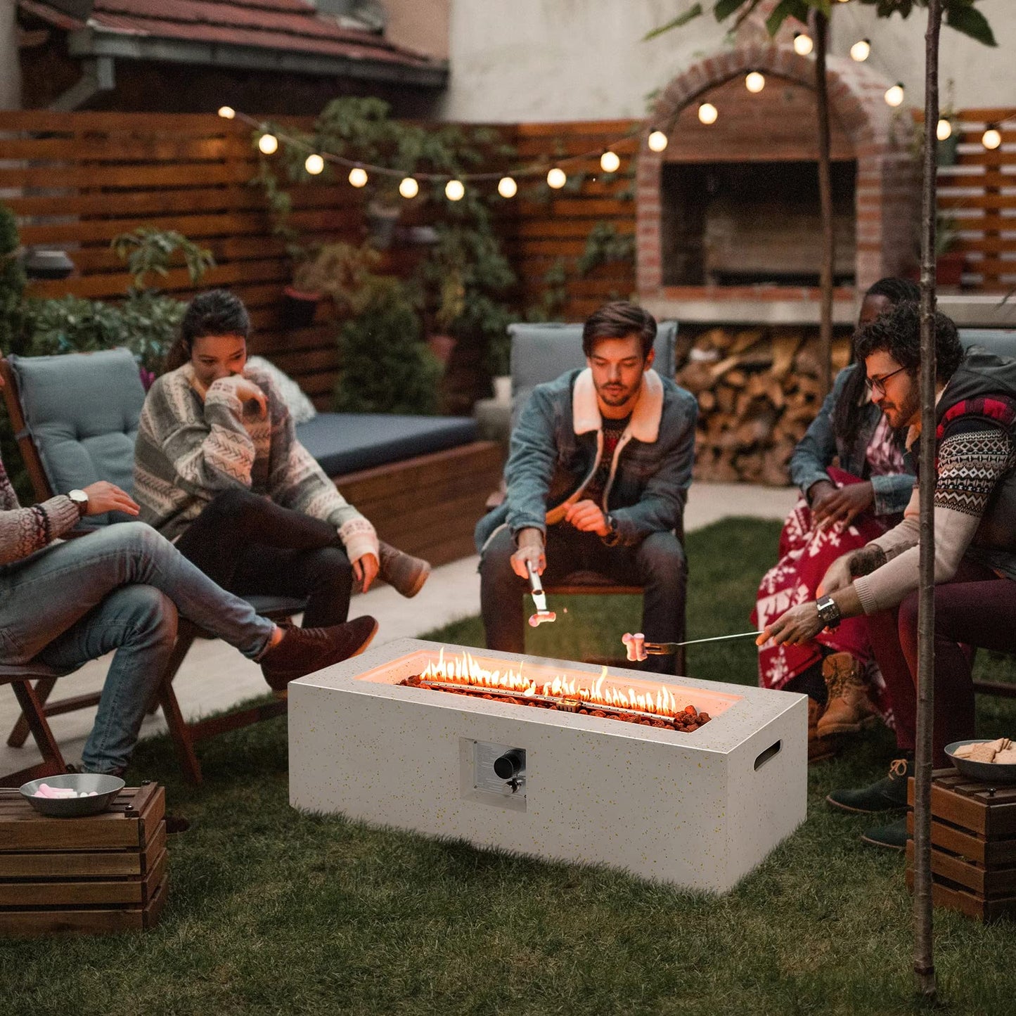 COSTWAY 42" Rectangle Fire Pit Table, Terrazzo Propane Gas Fire Table, Simple Ignition System & Stainless Steel Burner, Protective PVC Cover Included, Outdoor Fire Pit for Backyard, Garden