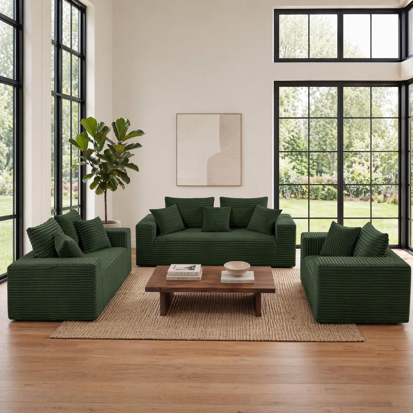 Trygoal 3-Pieces Sectional Boneless Couch Set for Living Room, Oversized Couch Including 3-Seater & 2-Seater & Single Chair, Deep Seat Sofa Set with Armrests & Pillows,No Assembly Required, Green