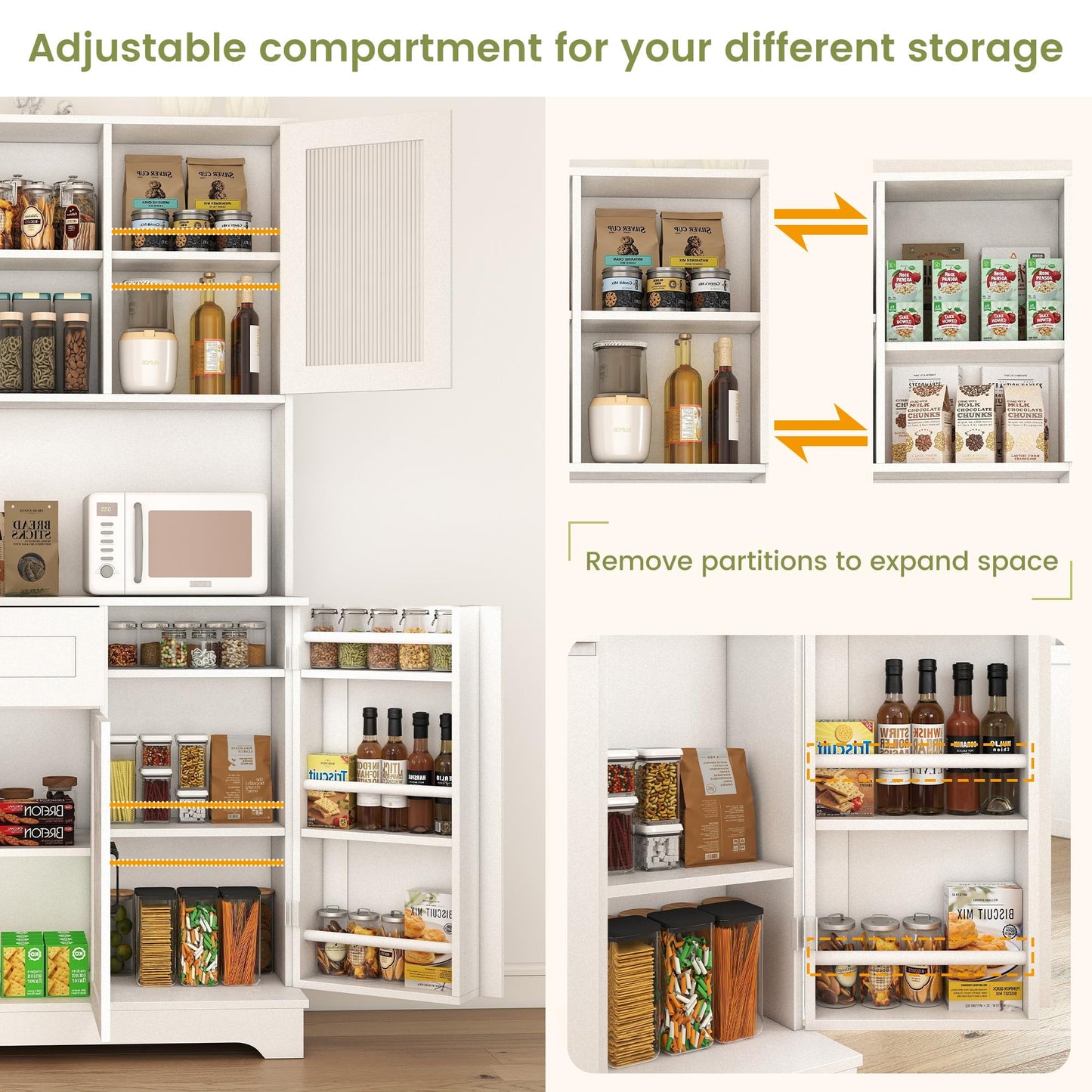WAYTRIM Kitchen Hutch Cabinet with Storage, White Pantry Cabinet with 4 Doors and Shelves, Pantry Cabinet with Microwave Shelf & Drawers & Adjustable Shelves for Kitchen Dining Room Furniture