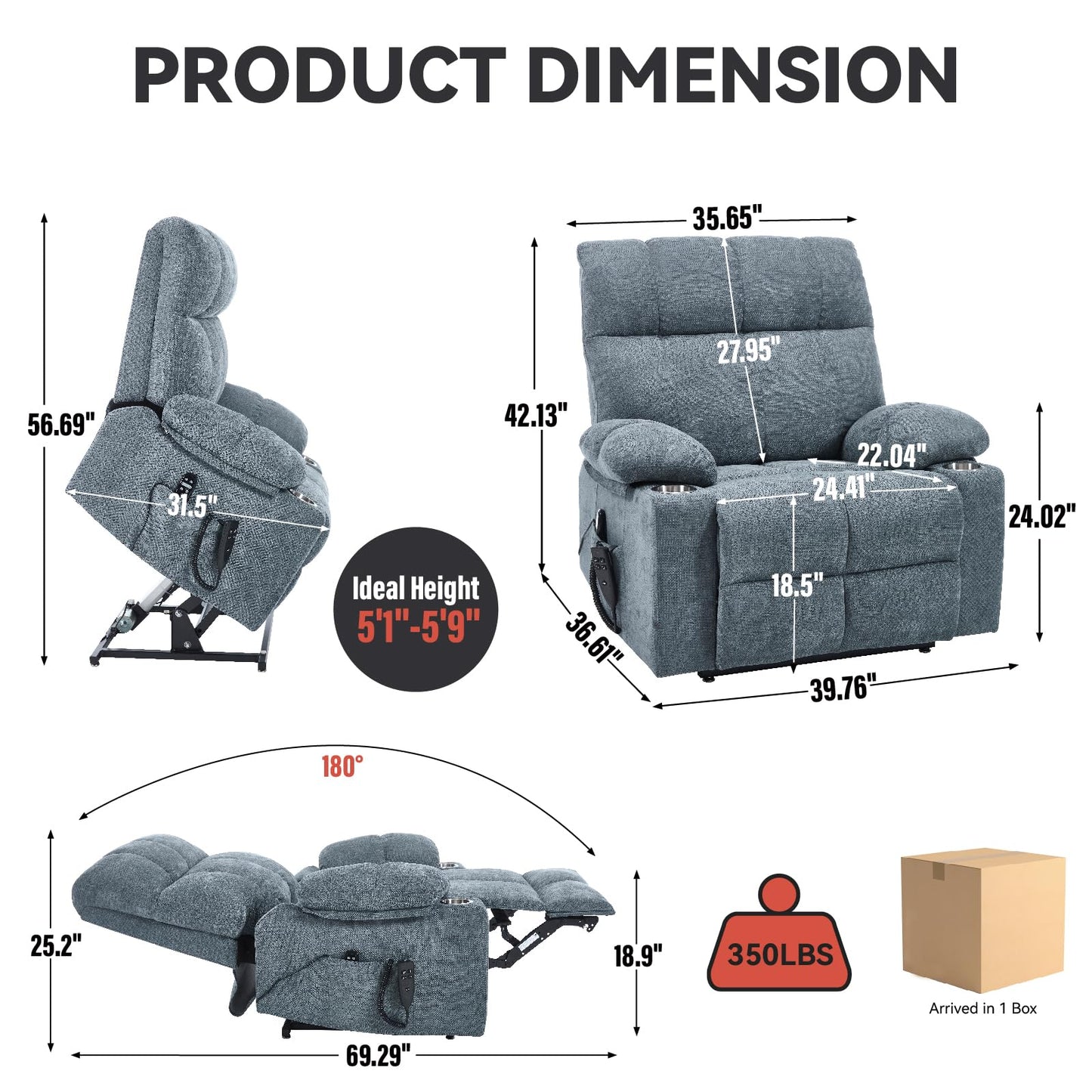 KEIKI Large Dual Motor Power Lift Recliner Chair for Adult, Chenille Upholstery Breathable Rocking Chair with Back Massager and Heated with Cup Holders, Modern Soft Living Room Lounge,Grey Blue