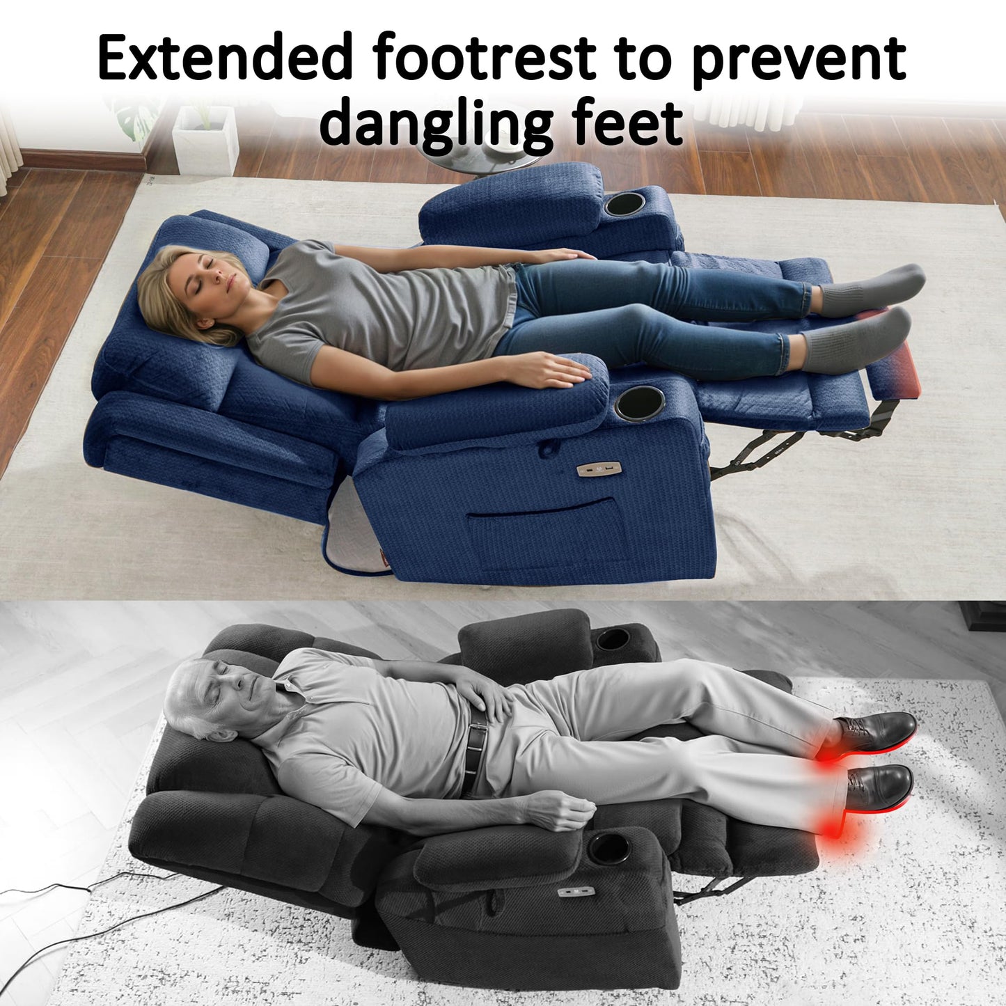 MCombo Triple Motor Power Lift Recliner with Massage and Heat, Electric Recliner Chair for Elderly People, Adjustable Headrest, Infinite Position, Cup Holders,USB Ports, Fabric 7661(Navy Blue, Medium)