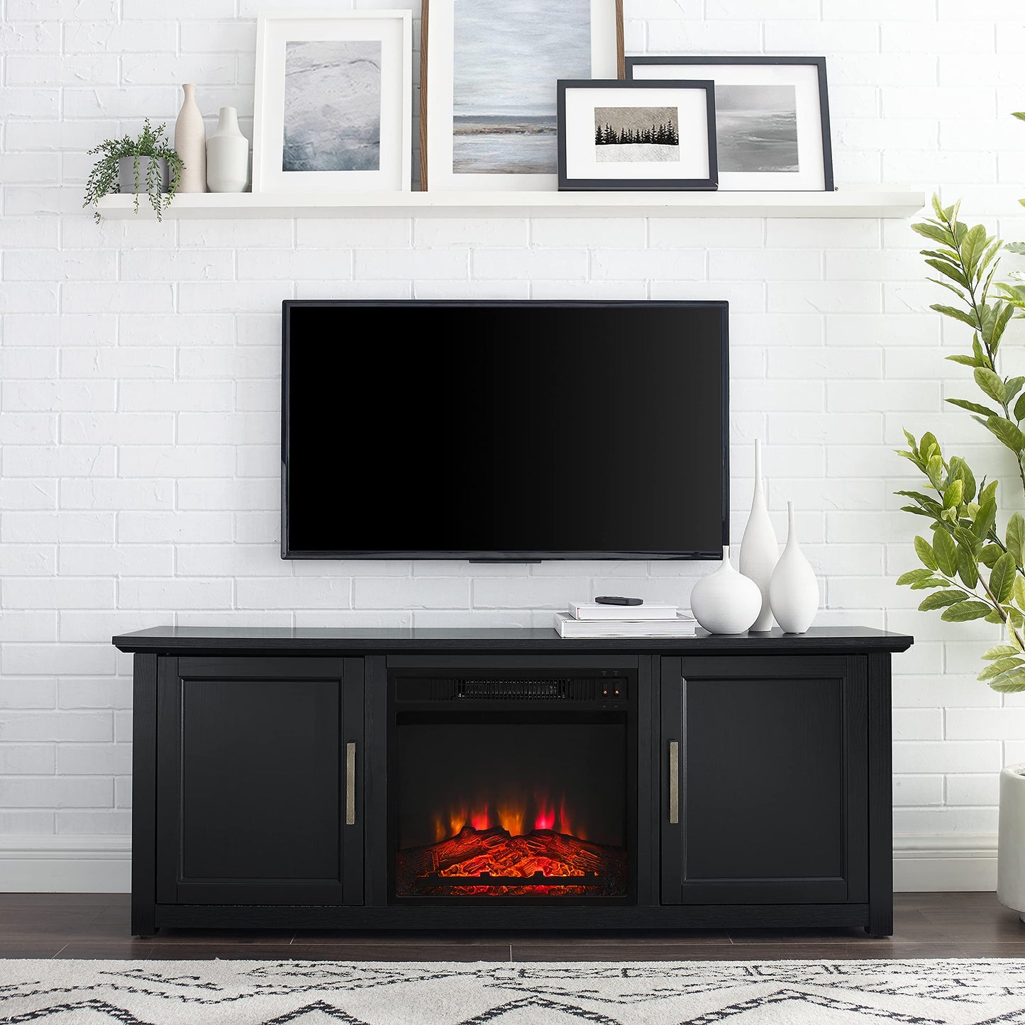 Crosley Furniture Camden Low Profile Fireplace TV Stand for 65+ inch TVs, Entertainment Center with Shelves, Black