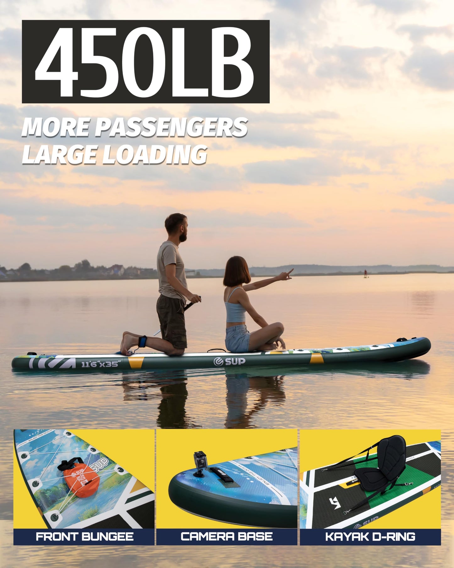 ESUP 11’6 ×34" Wide Inflatable Paddle Board with SUP Accessories, Extra Stable Stand Up Paddleboard for 2+1 Persons/Family/Beginner/Yoga, w/Shoulder Strap All-Round Sup Paddle Boarding (Greenery)
