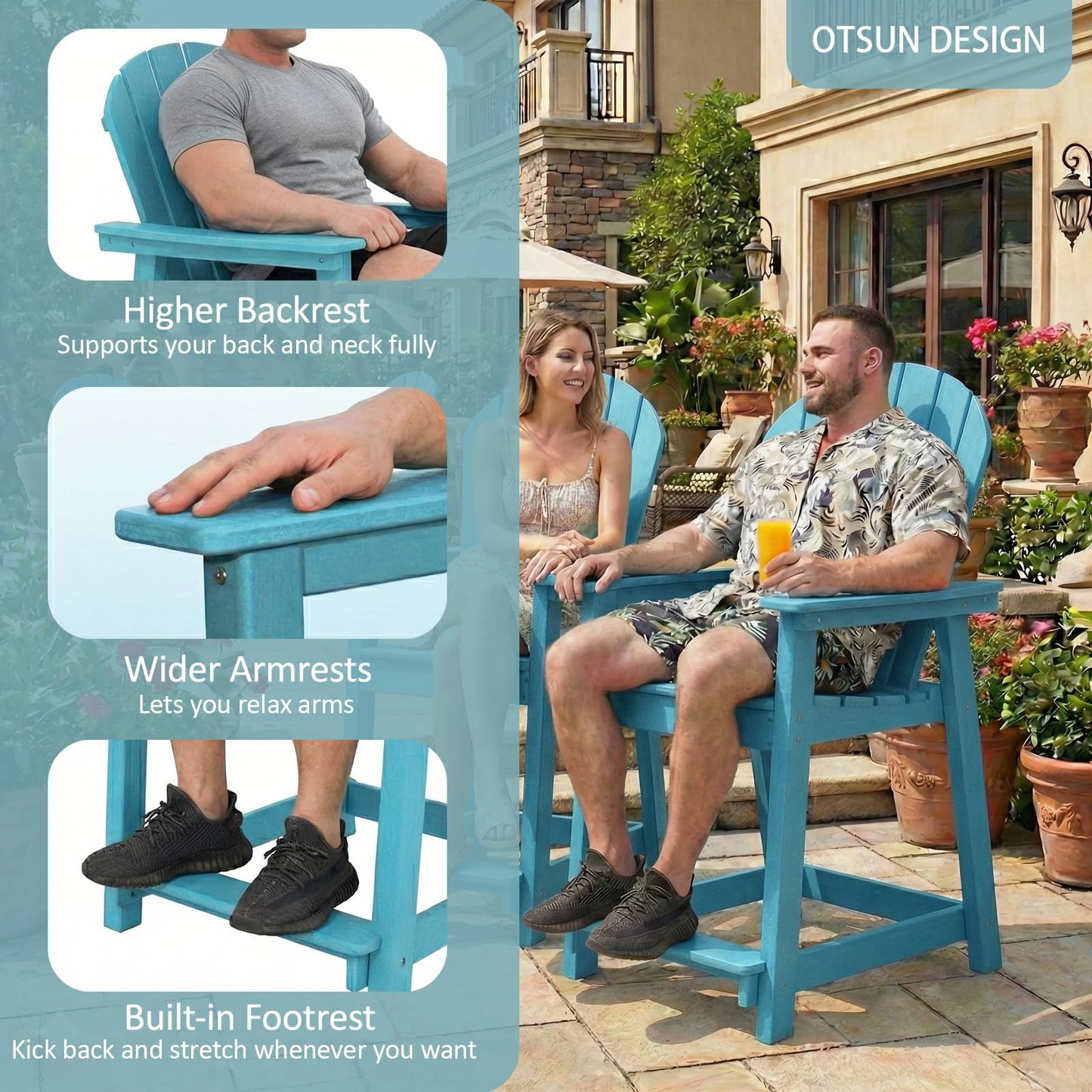 OTSUN Tall Modern Adirondack Chairs Set of 4, All Weather HDPE Bar Height Adirondack Stools Widened Durable Design for Porch Patio Yard Lawn Fire Pit Bistro Basement Indoors & Outdoors