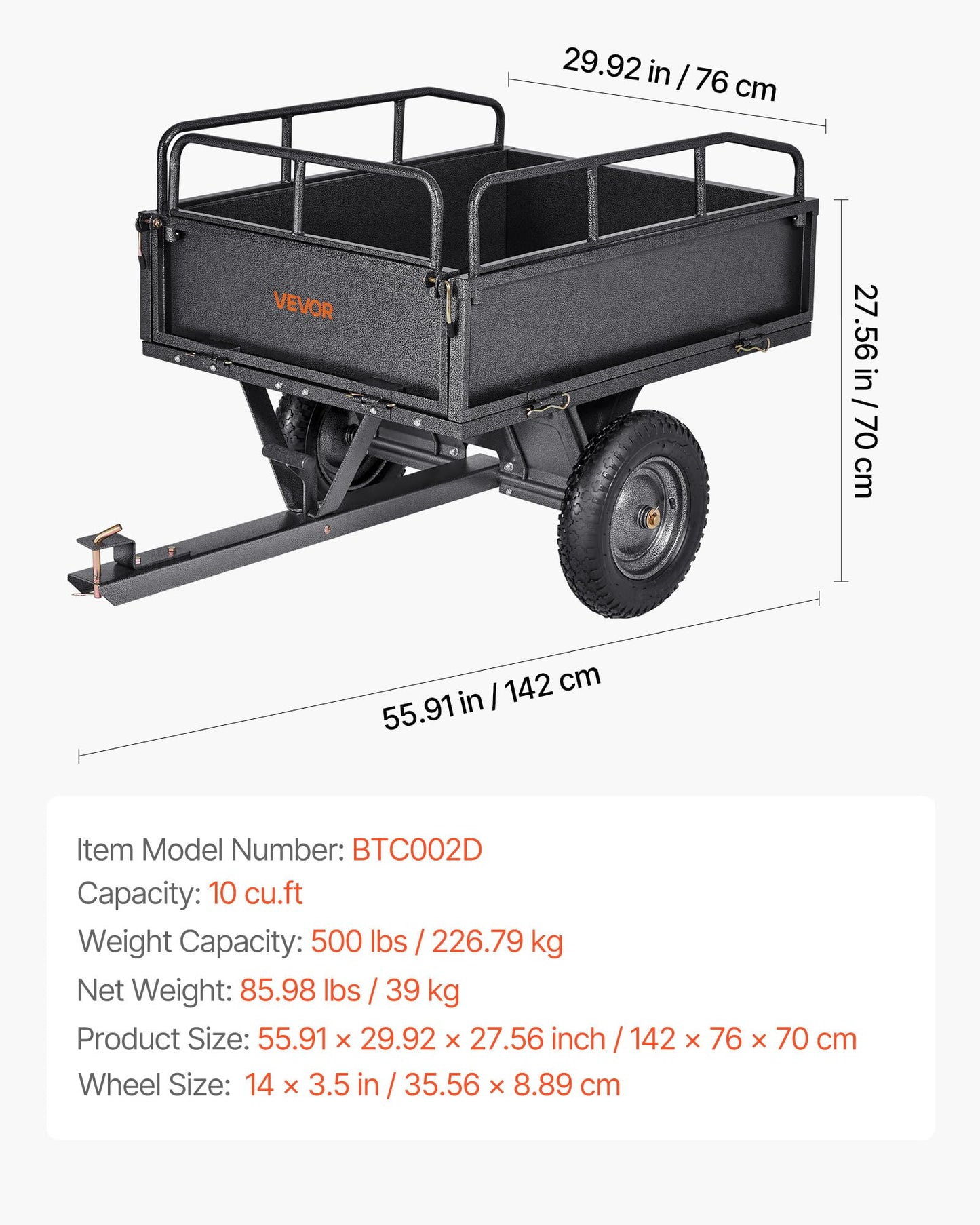 VEVOR 10 Cu.Ft. & 500lbs ATV Trailer Dump Cart Tow Behind, Heavy Duty Utility UTV Trailer, Tow Behind Steel Yard Dump Wagon Cart with 14" Tires for Lawn Mower Tractor