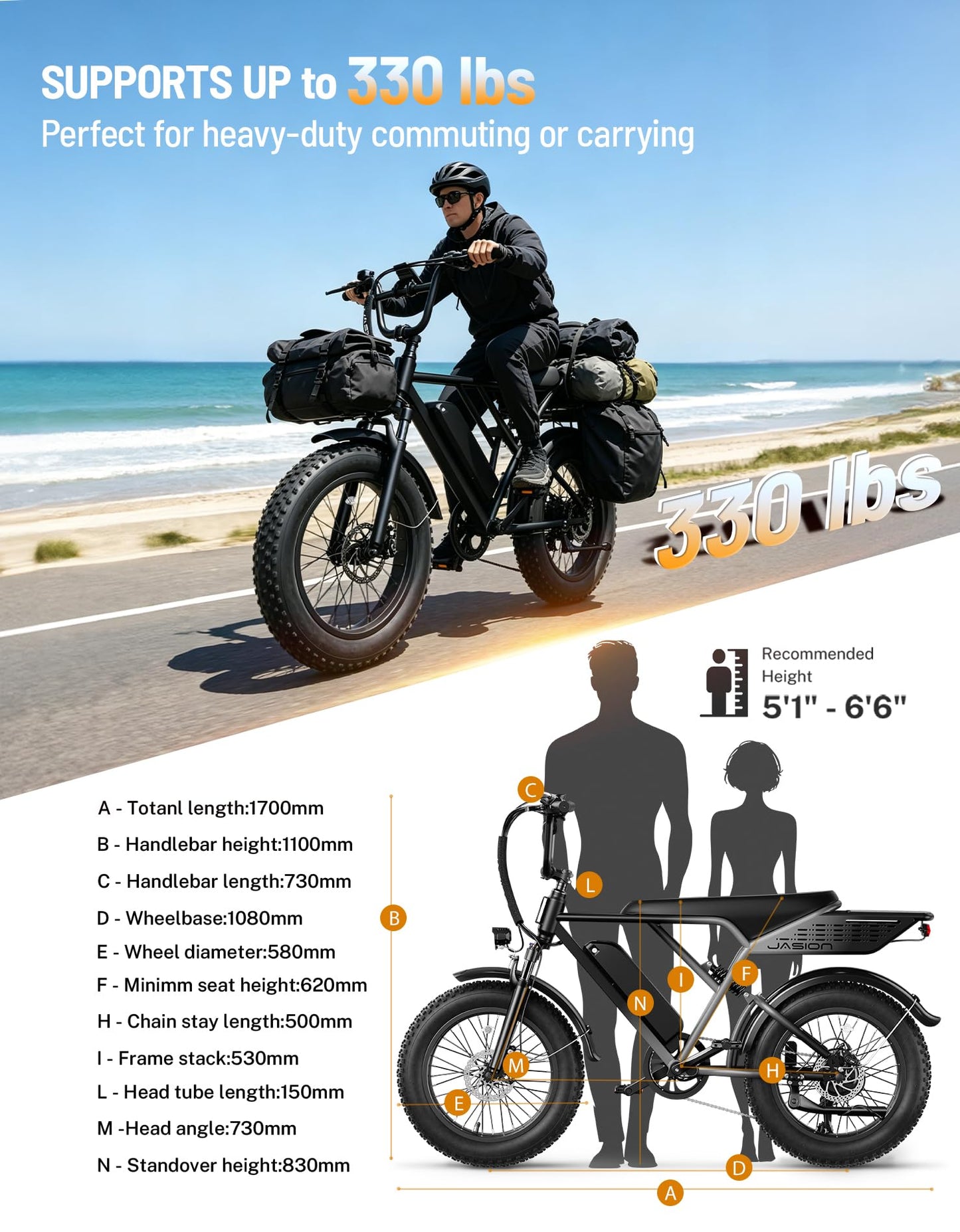 Jasion RetroVolt Electric Bike for Adults, [2000W Peak Motor & 30 MPH & 70-Miles], 48V 13AH Removable Battery, Hydraulic Brakes E Bike, 20'' X 4'' Fat Tire Electric Dirt Bike for Beach,Road
