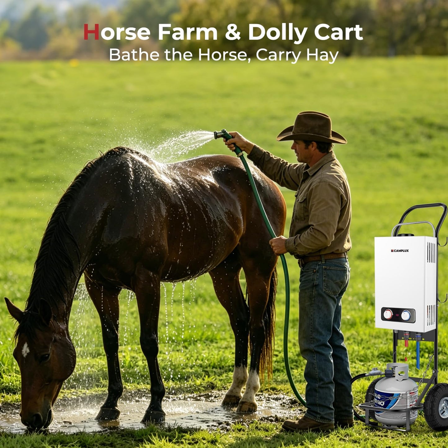CAMPLUX Dolly Hand Cart for Portable Tankless Water Heaters, 220 lb. Capacity, 10" Pneumatic Wheels, 4 Side Hooks, Mobile Hot Water Washing Station for Horse Stables, Pet Grooming, Hunting & Camping