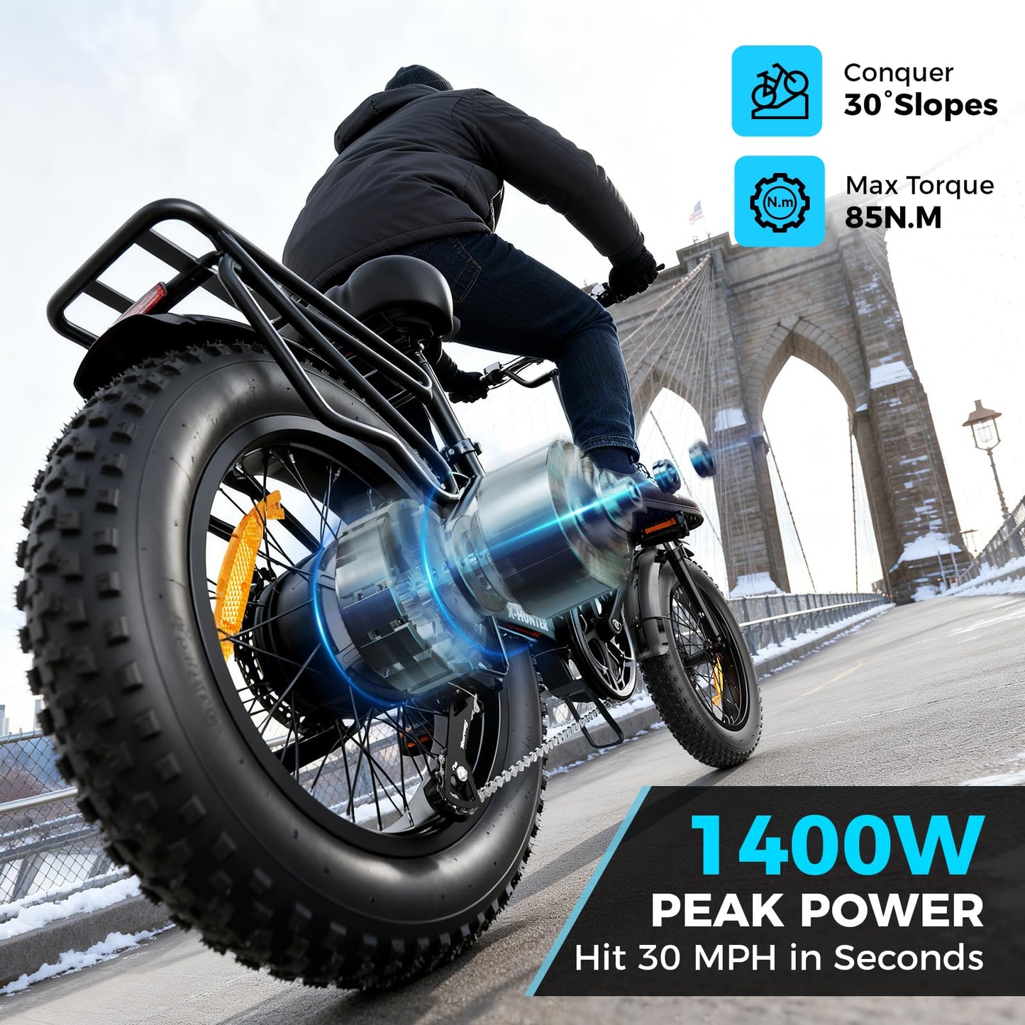 Jasion X-Hunter Foldable Electric Bike, 70+Miles 30MPH Max Speed, 1400W Peak Motor, 624WH Removable Battery, 20″*4 Fat Tire Bicycle for Adult, 7-Speed & Full Suspension EBike for Commute,Snow,Mountain