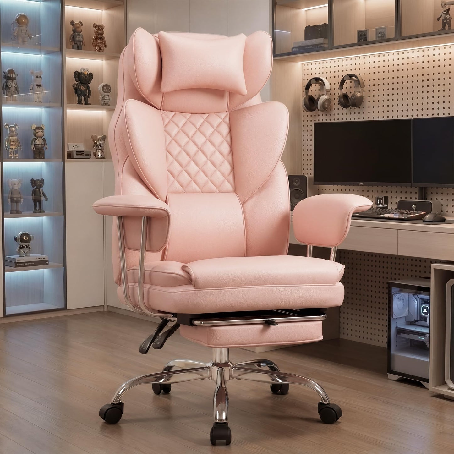 NEO Chair Big and Tall Offie Chair Gaming Computer Chair High Back Heavy Duty Desk Chai with Lumbar Support Adjustable Recliner Footrest Wide Seat Leather Executive Home with Wheels (Leather Pink)
