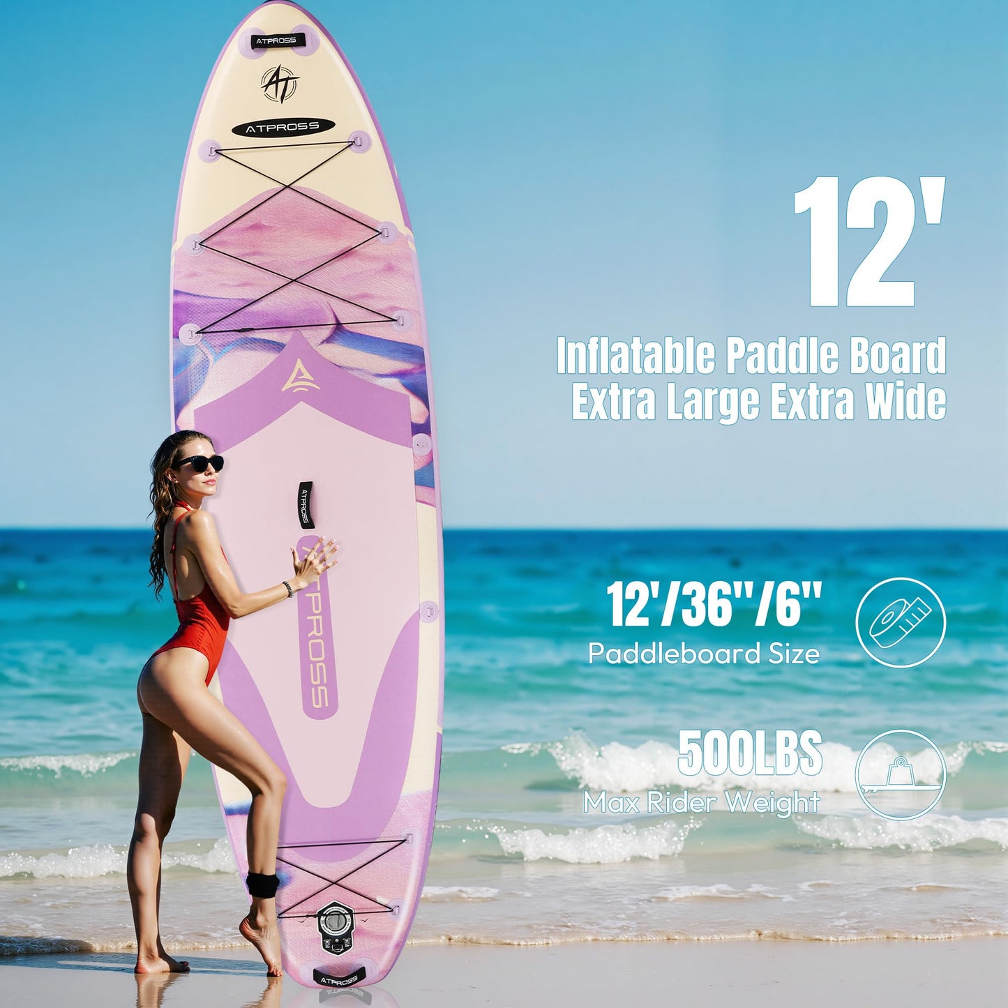 ATPROSS 12'x36 Inflatable Paddle Board, 500lbs Extra Wide Stand Up Paddleboard for Adults with Premium SUP Accessories Kit & Backpack, Blow Up Kayak Non-Slip Stable Deck Boat for Yoga Fishing Surf