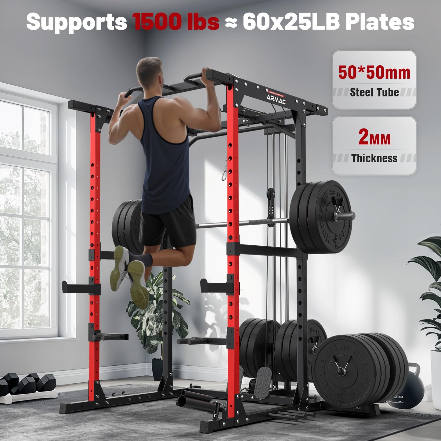 ARMAC Power Cage,1500lbs Multi-Function Power Rack with Adjustable Cable Crossover System and More Training Attachment (black)