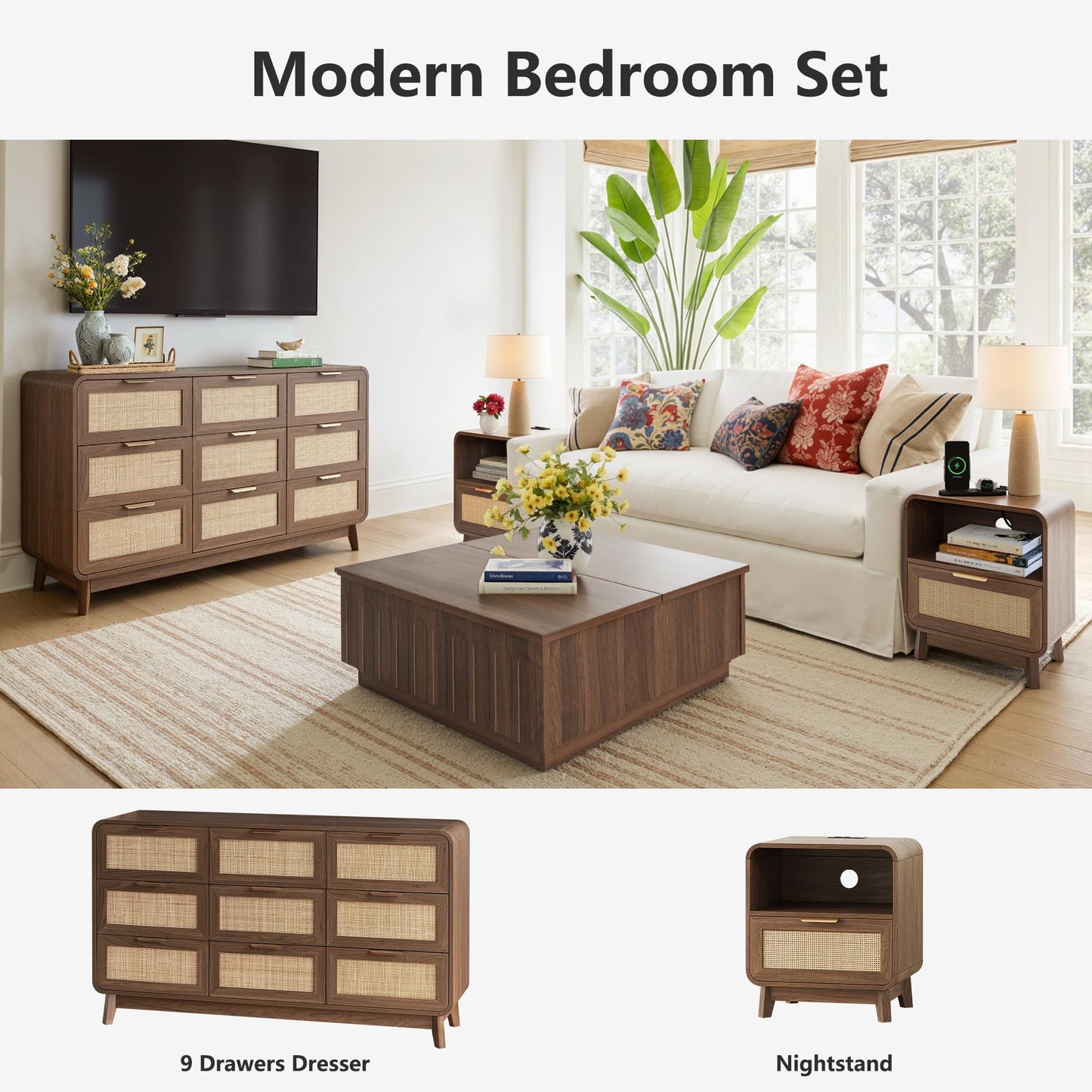 FORTUNETEC 55" Rattan 9 Drawer Dresser, Modern Farmhouse & Boho Wooden Chest of Drawers with Walnut Wood Grain, Multifunctional Storage Bedroom Set for Bedroom, Living Room, TV Stand