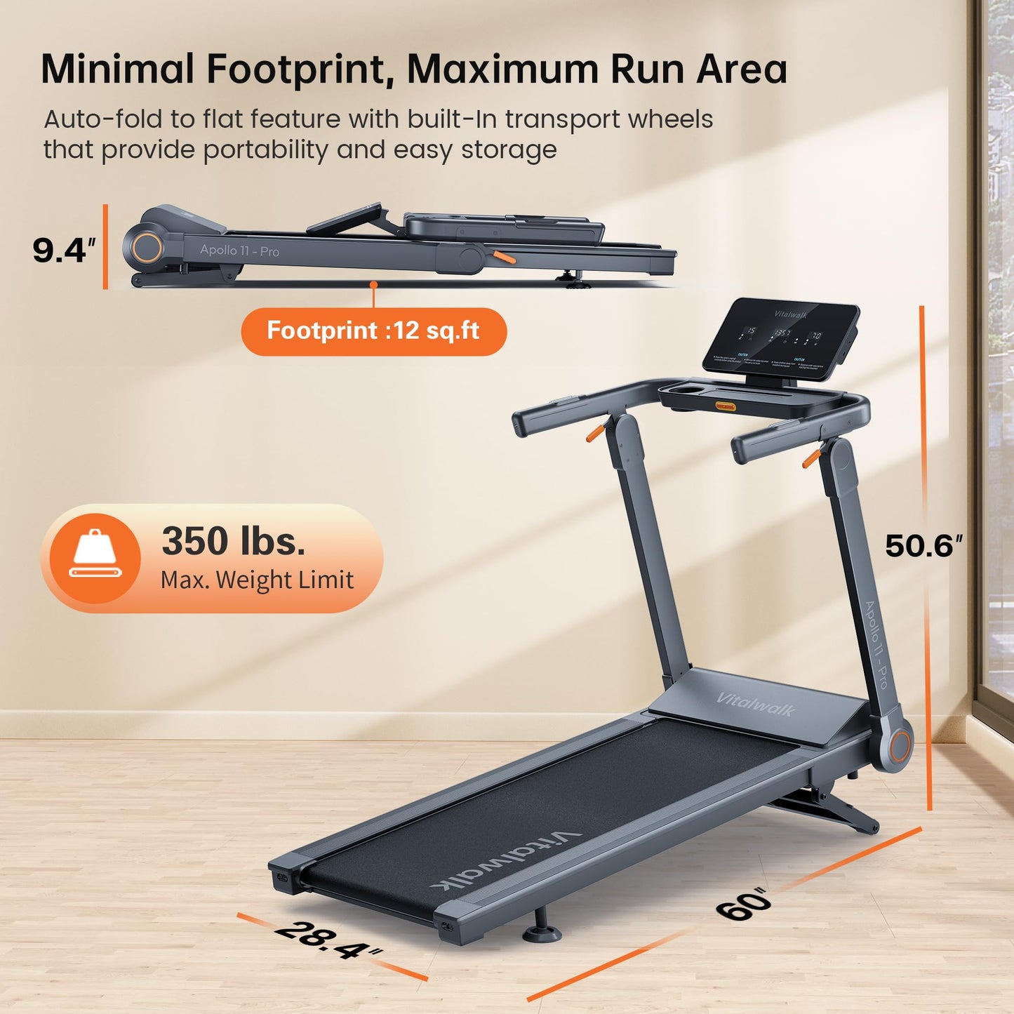 Vitalwalk Foldable Treadmill with Auto Incline, 48"x18" Wide Running Belt, 10MPH, 3.5HP Brushless, Walking Pad Treadmill for Home, Auto Folding, No Installation, 350LBS Capacity, APP, 15% Auto Incline