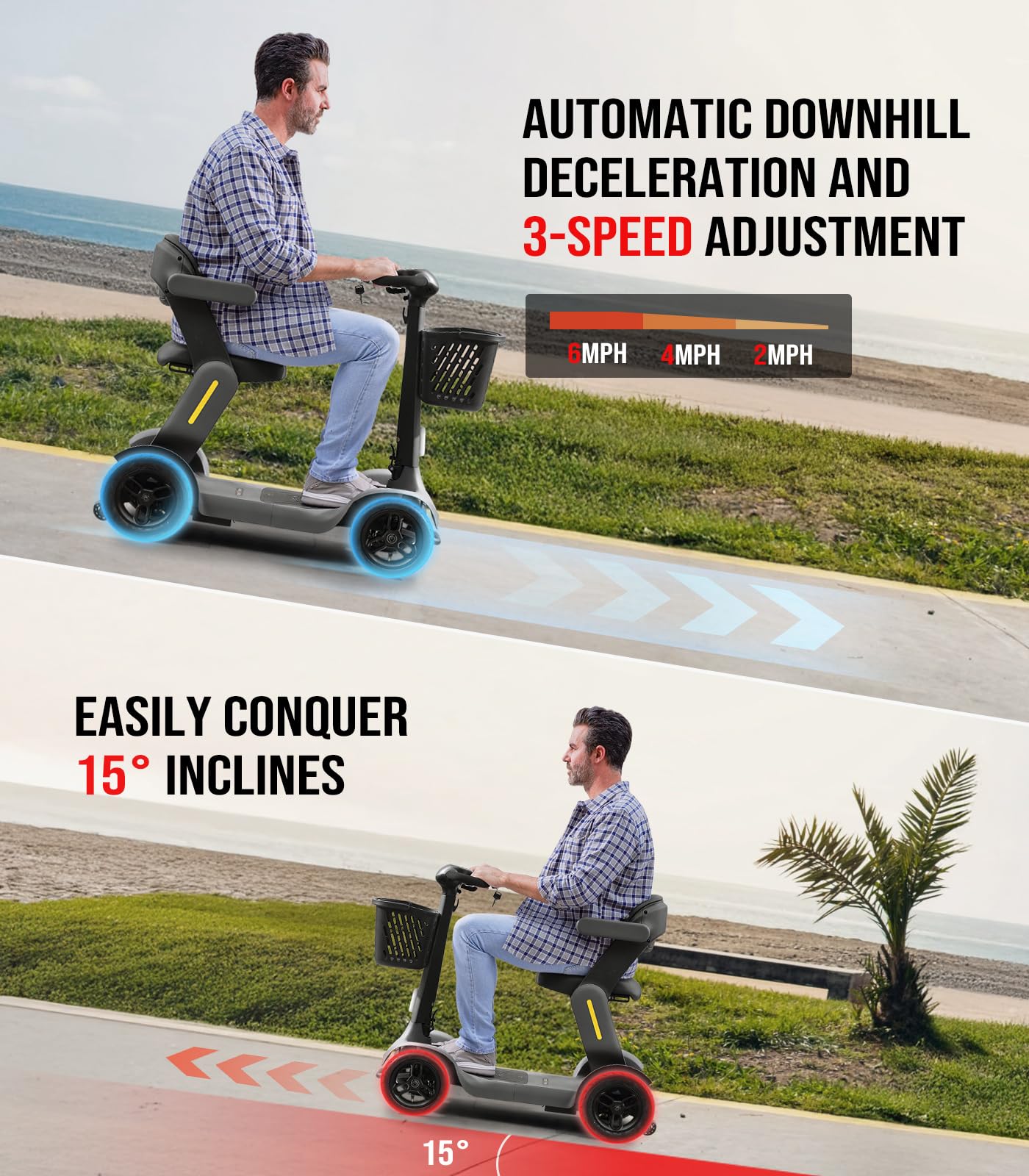 Glashow S3 Folding Mobility Scooter for Seniors & Adults – 4-Wheel All-Terrain Electric Scooter, 25 Mile Range, 6 MPH, 265 lb Capacity, Reverse, LED Lights & Basket – Gray