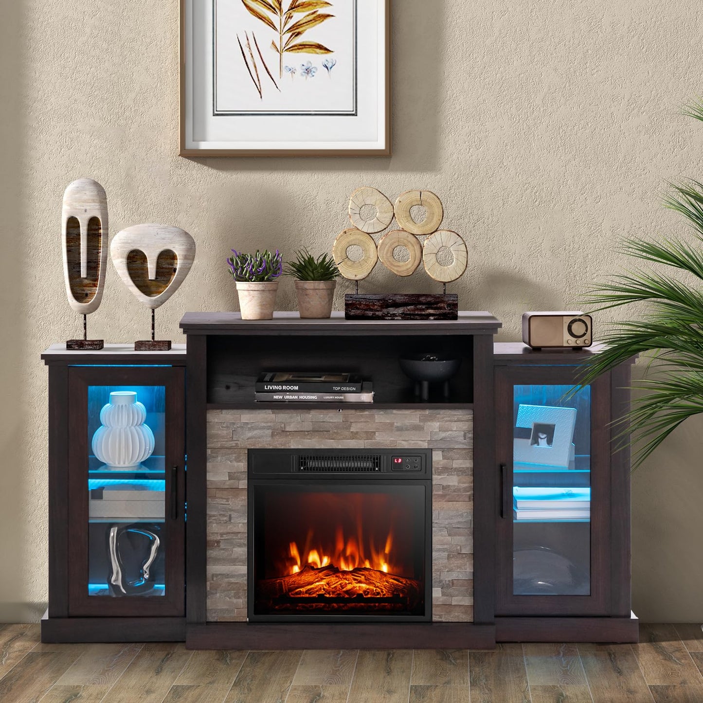 Tangkula Electric Fireplace TV Stand, Electric Fireplace Mantel with 16-Color Led Lights, Adjustable Glass Shelves, Remote & Smart APP Control, TV Console for Living Room (Espresso)