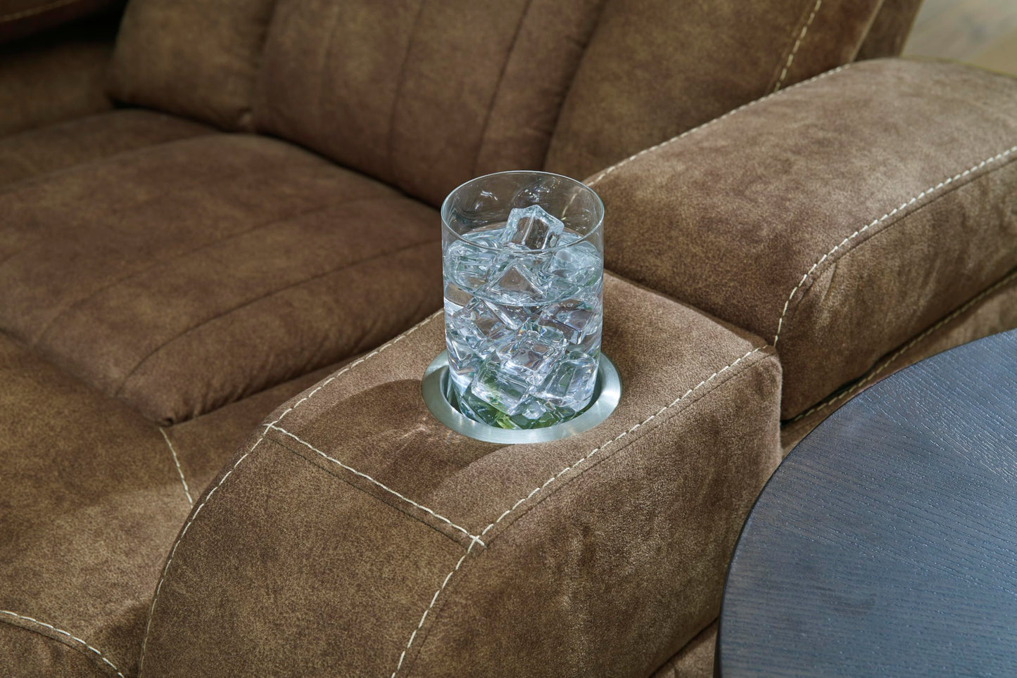 Signature Design by Ashley Wolfridge Contemporary Faux Leather Power Reclining Sofa with Drop Down Table, LED Lights, Electrical Outlet, Wireless Charging, USB Ports and Cup Holders, Light Brown