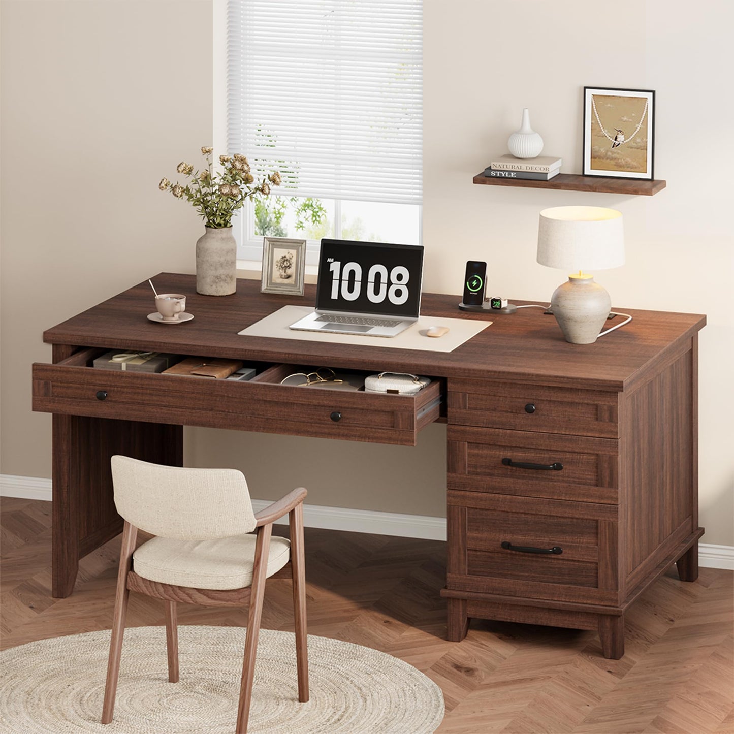 IDEALHOUSE 53.5" Farmhouse Computer Desk with Charging Station, Rustic Black Home Office Executive Desk, Wooden Workstation with File Cabinet Storage Drawers for Writing & Study, Rustic Brown