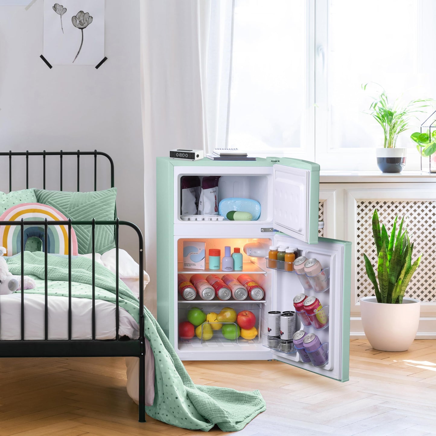 West Bend Mini Fridge with Freezer for Bedroom, Office, Bar or Dorm Room, Retro Compact Refrigerator features Glass Shelves, Manual Defrost and Adjustable Temperature Control, 3.1-Cu.Ft., Green