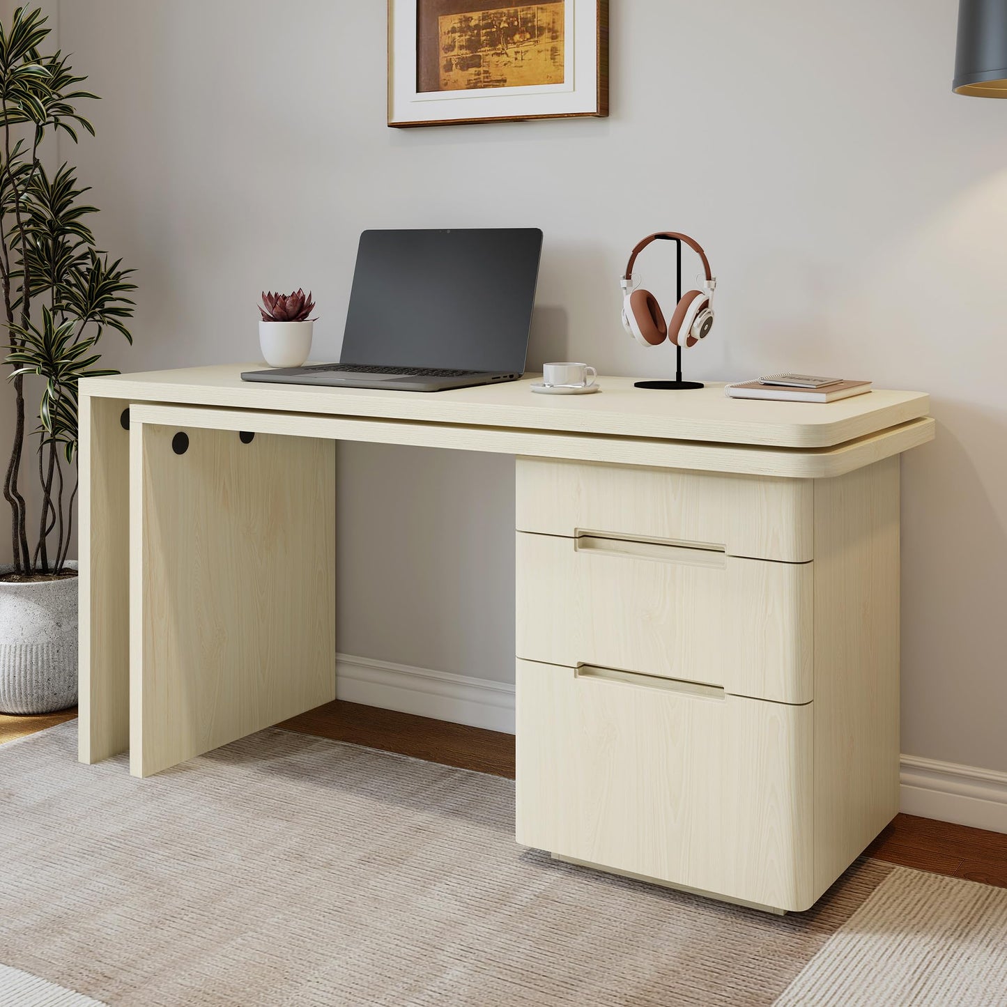 Merax 360° Rotating L-Shaped Desk with 3 Drawers | 90" Modern Corner Computer Desk for Home Office, Living Room, Executive Writing Study Work, Natural Wood