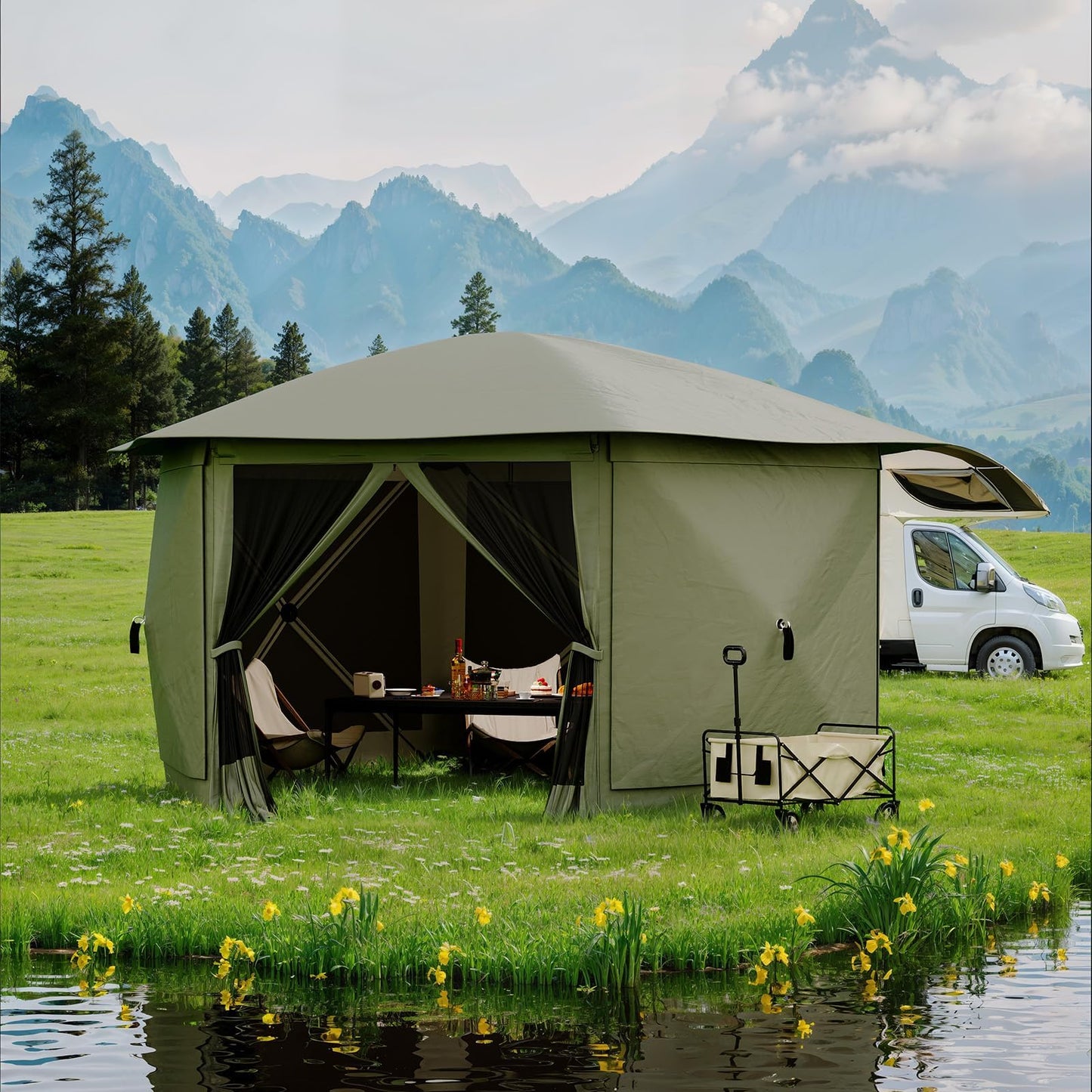 GarveeLife 11.5x11.5FT 6-Sided Pop Up Gazebo Tent，One-Push Setup Canopy Tent with Mesh Panels & Removable Wind Cloths, Outdoor shelter for Camping, Backyard Parties, Outdoor Events - Army Green