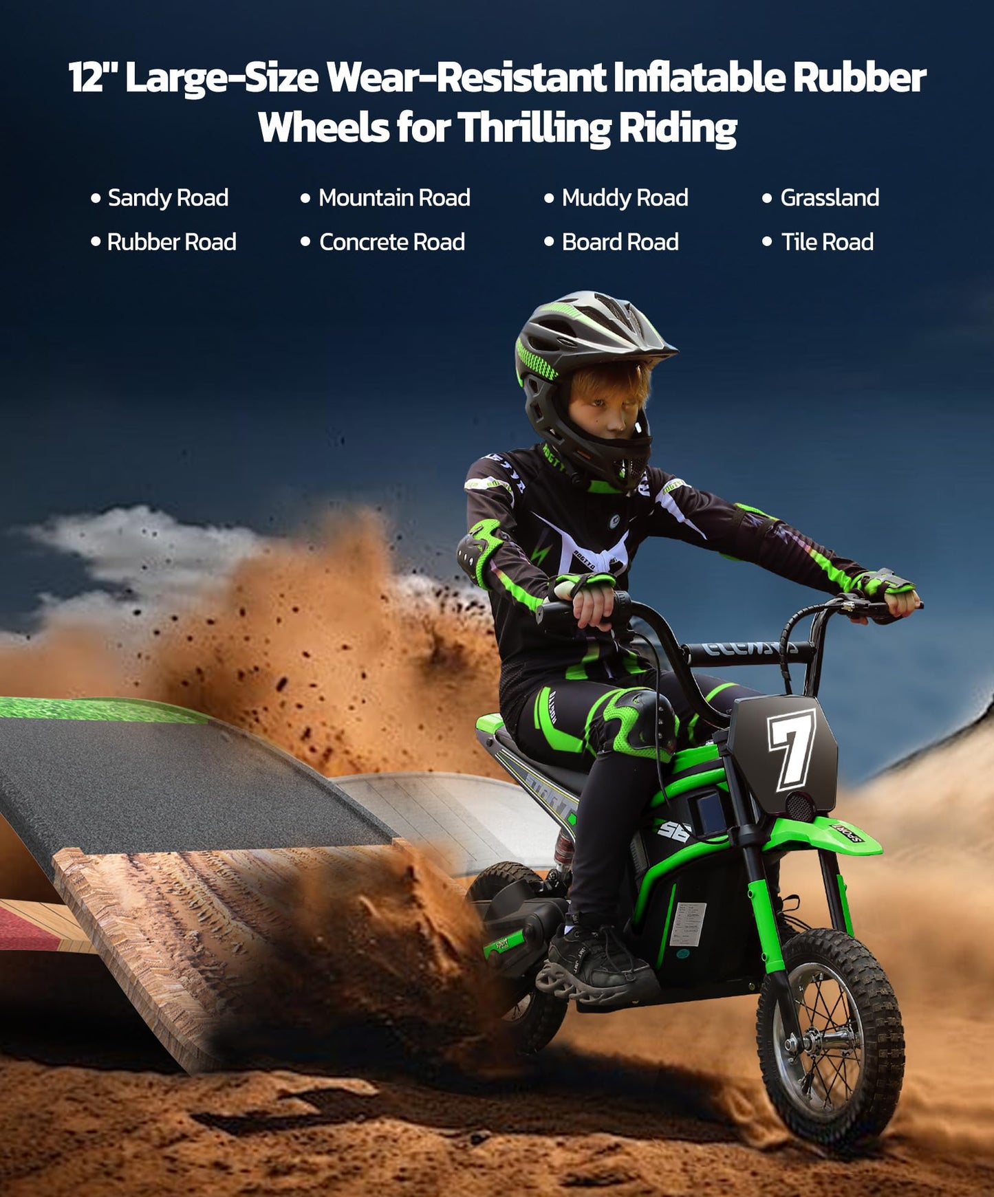 ELEMARA Electric Dirt Bike,350W Motorcycle 24V Ride on Toy for Big Kids w/LED Power Display,15.5 mph & 150lb Max,3 Speeds,Chain-Driven Motor,Twist-Grip Throttle&Brake Lever,12" Air-Filled Tires-Green