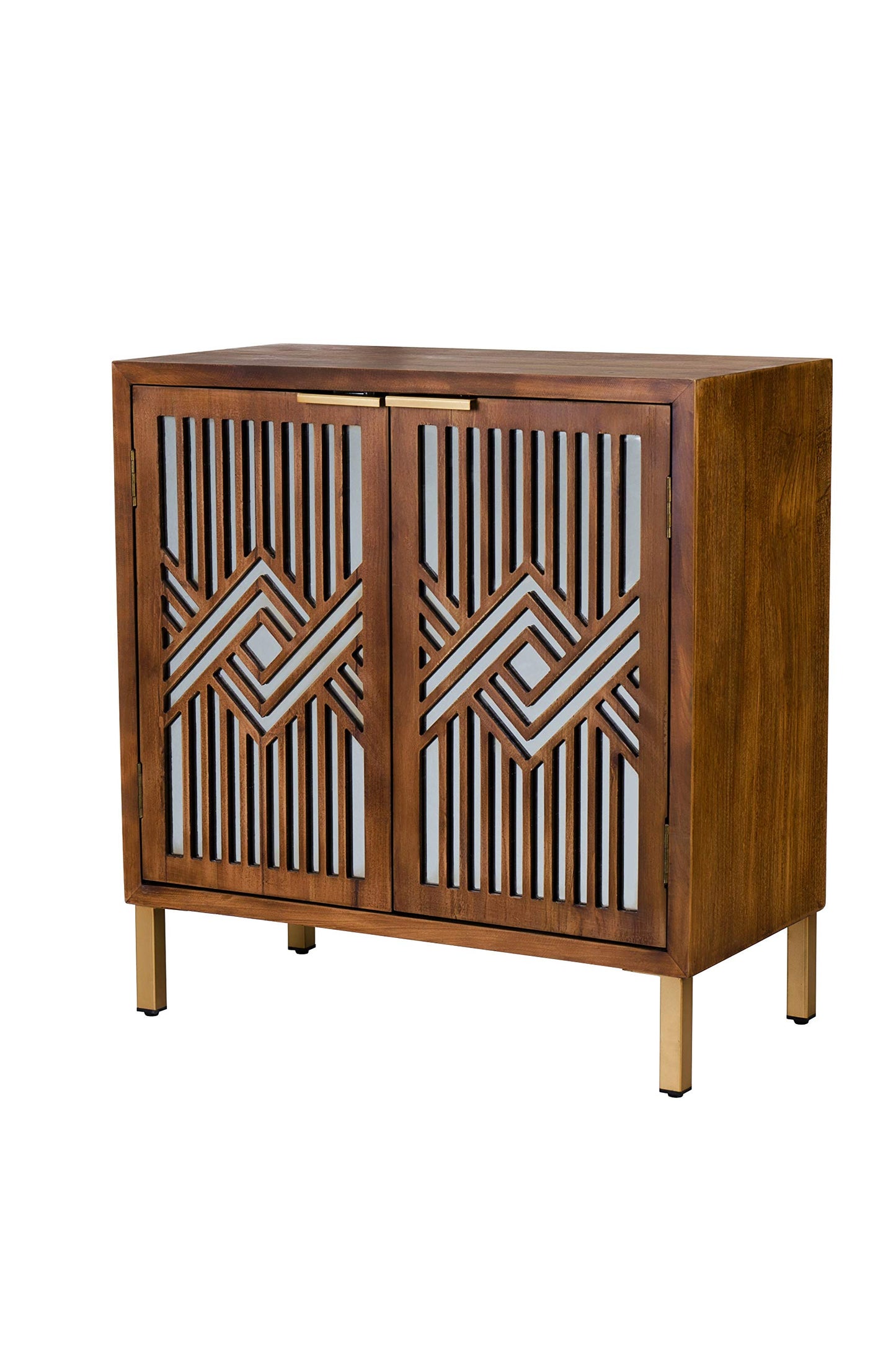 COZAYH 2 Door Accent Cabinet, Wood Sideboard Storage Furniture with Modern Geometric Mirror Front, Freestanding Home and Kitchen Cabinet, Brown/Silver